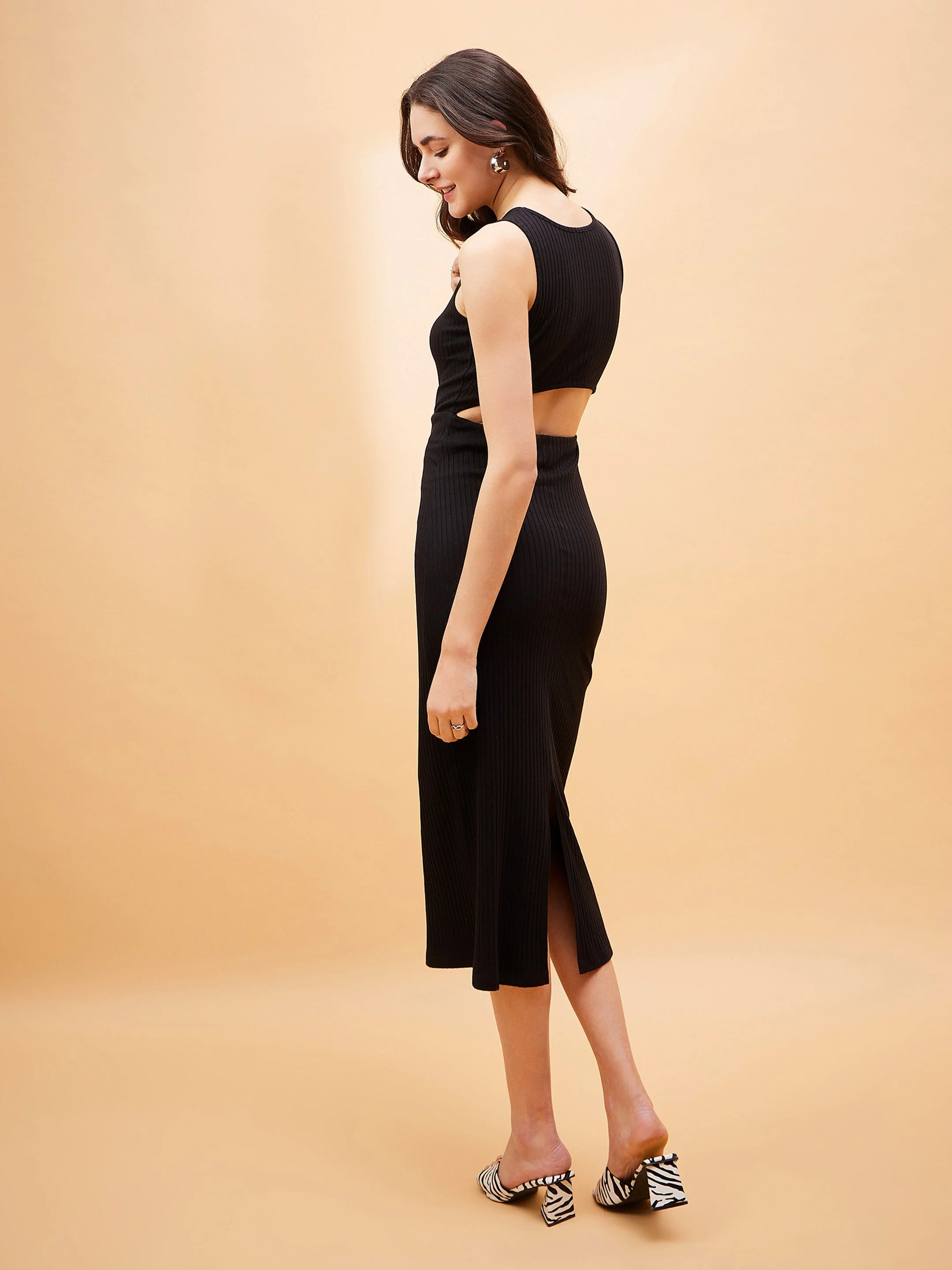 Women Black Rib Back Cut-Out Dress - Image 2