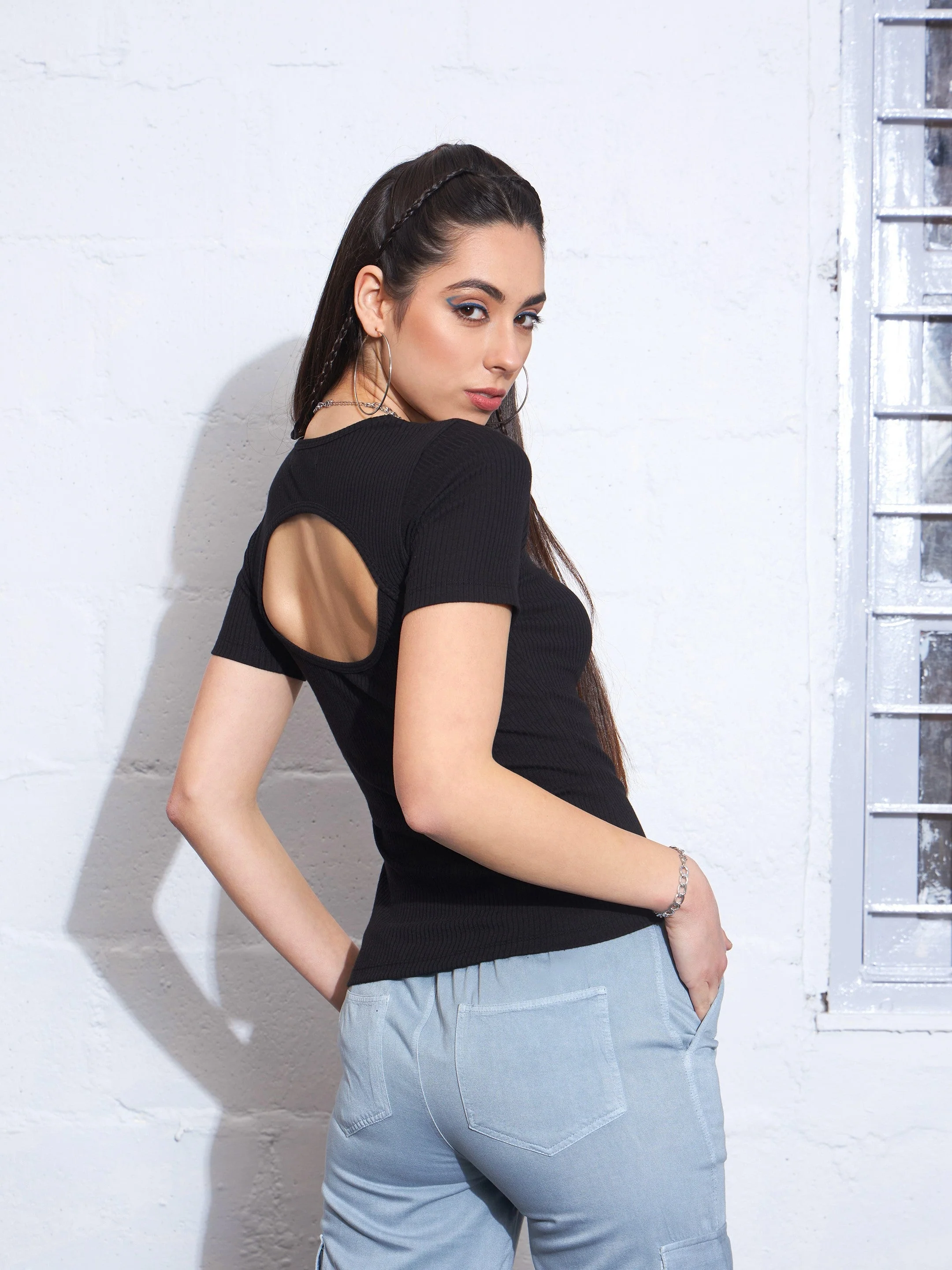 Women Black Rib Back Cut Out Top - Image 2