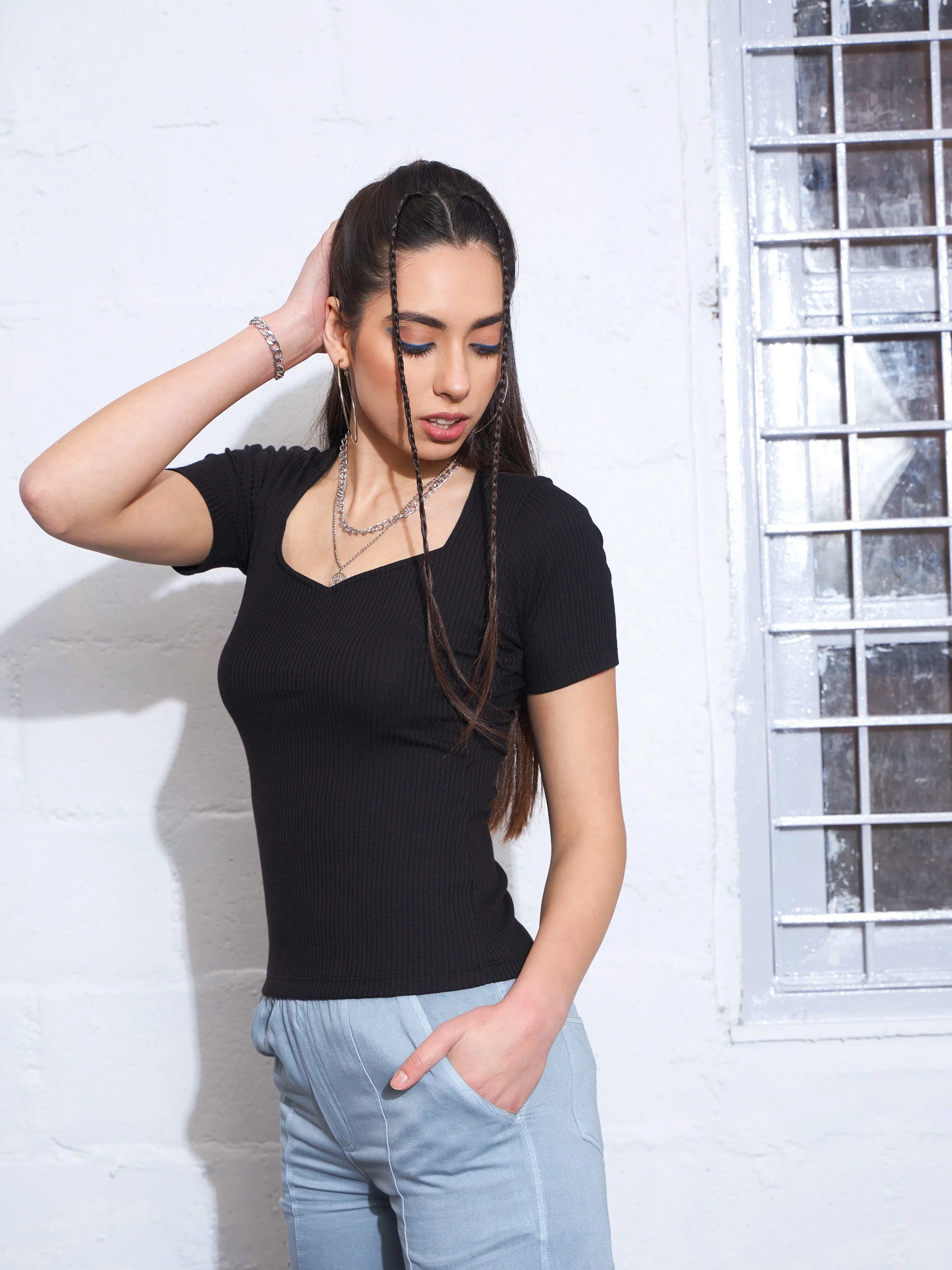 Women Black Rib Back Cut Out Top - Image 4