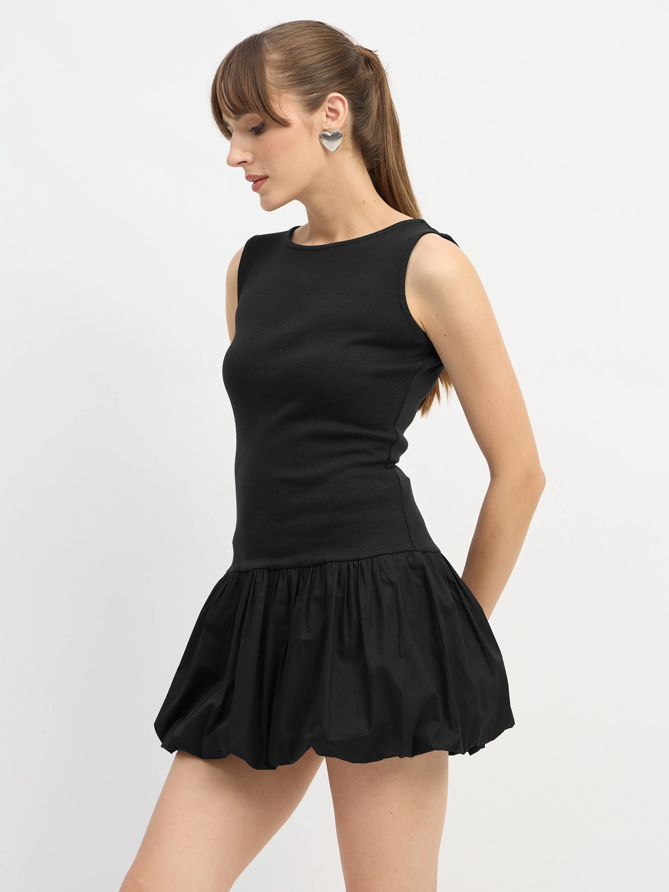 Women Black Rib Balloon Hem Detail Short Dress - Image 3