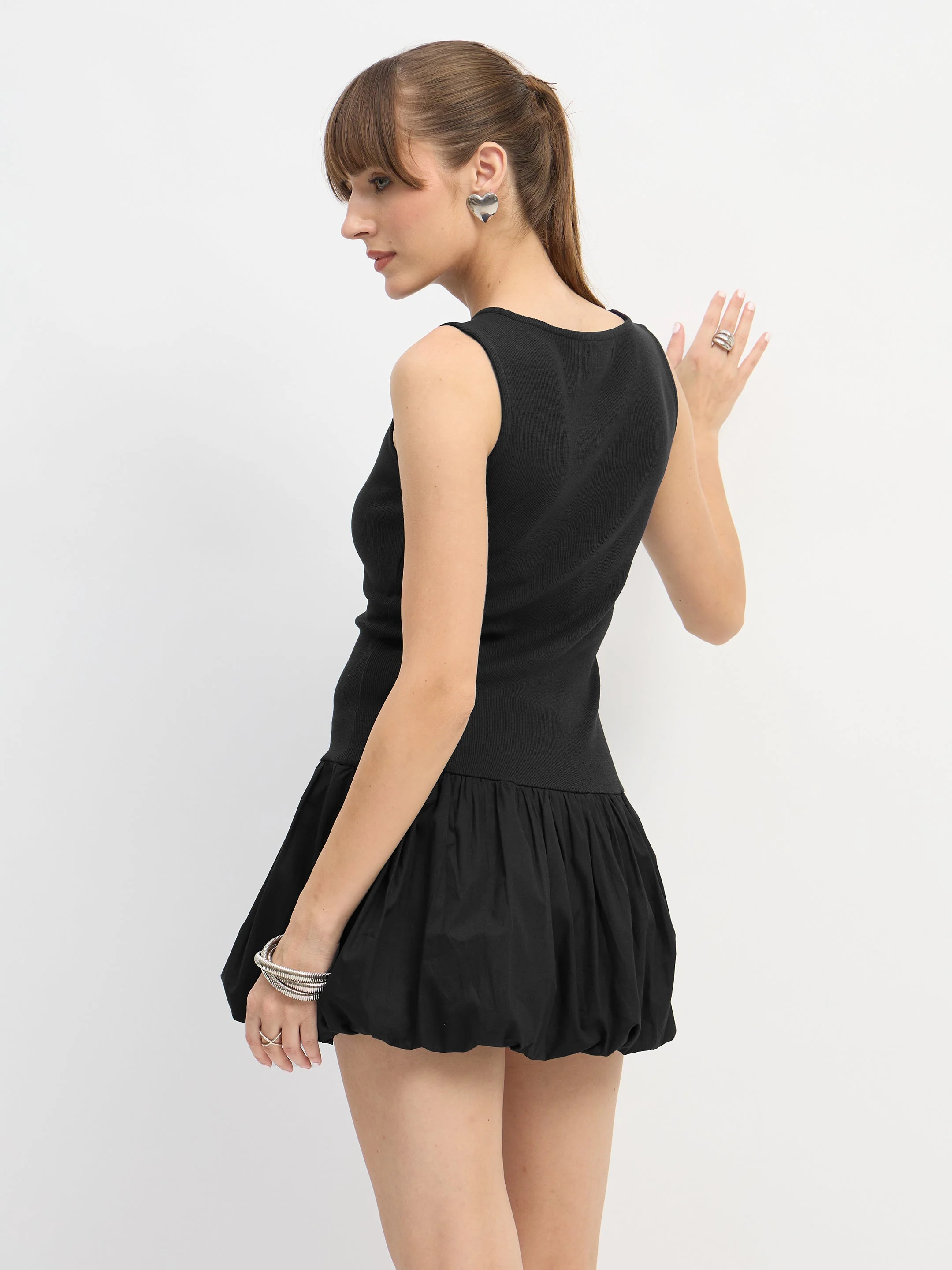 Women Black Rib Balloon Hem Detail Short Dress - Image 5