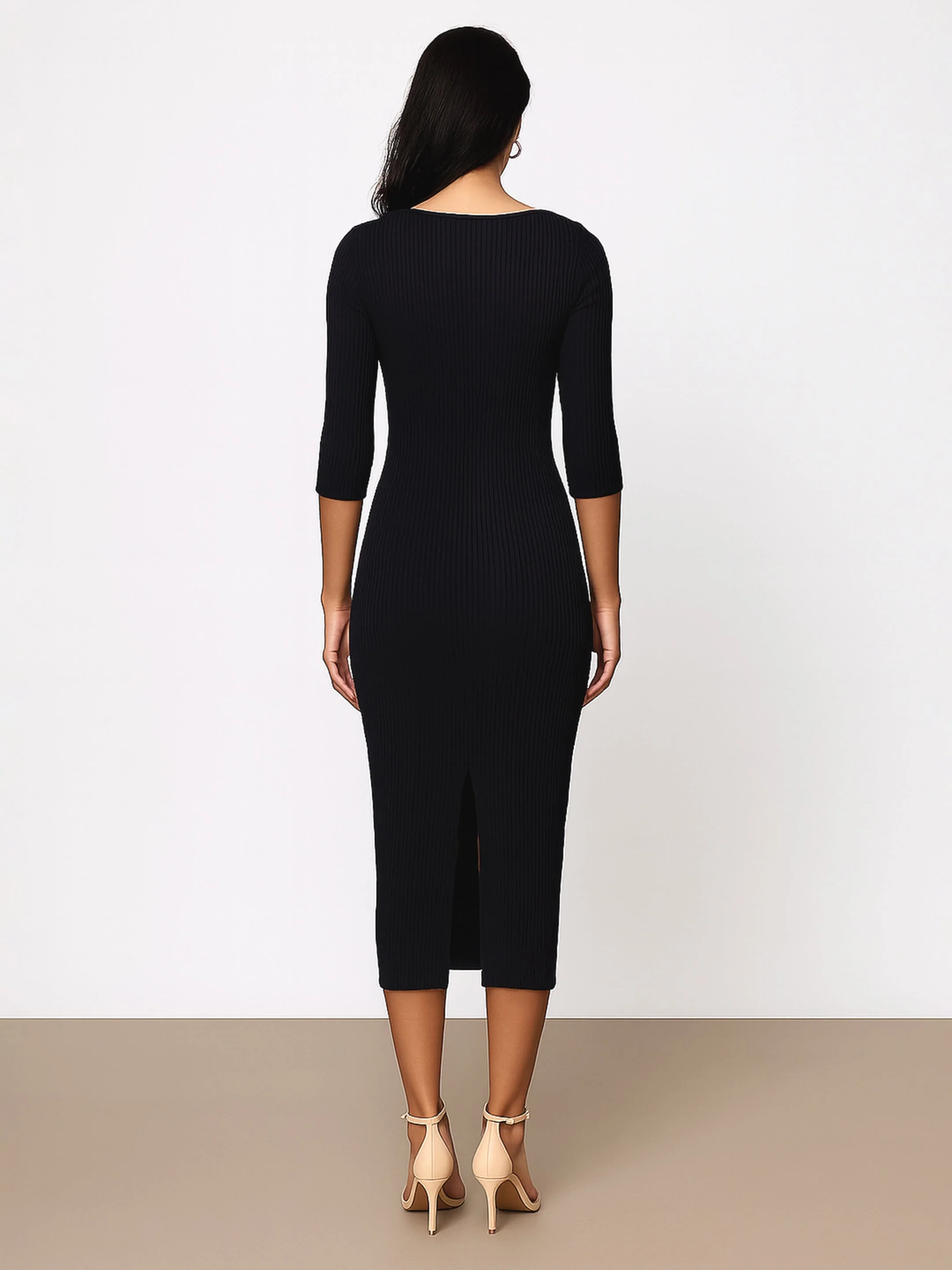 Women Black Rib Basic V-Neck Midi Dress - Image 4