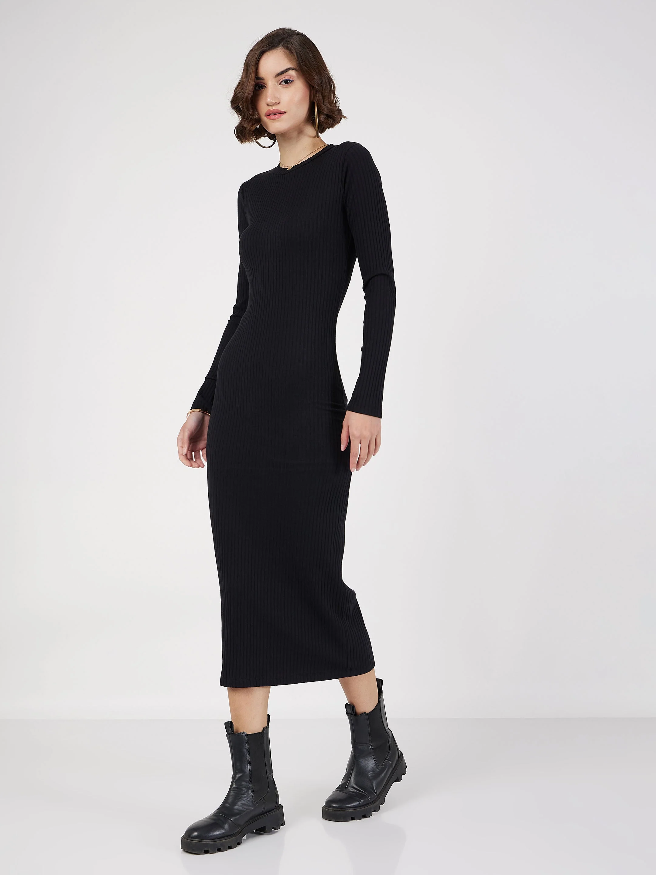 Women Black Rib Bodycon Midi Dress - Image 3