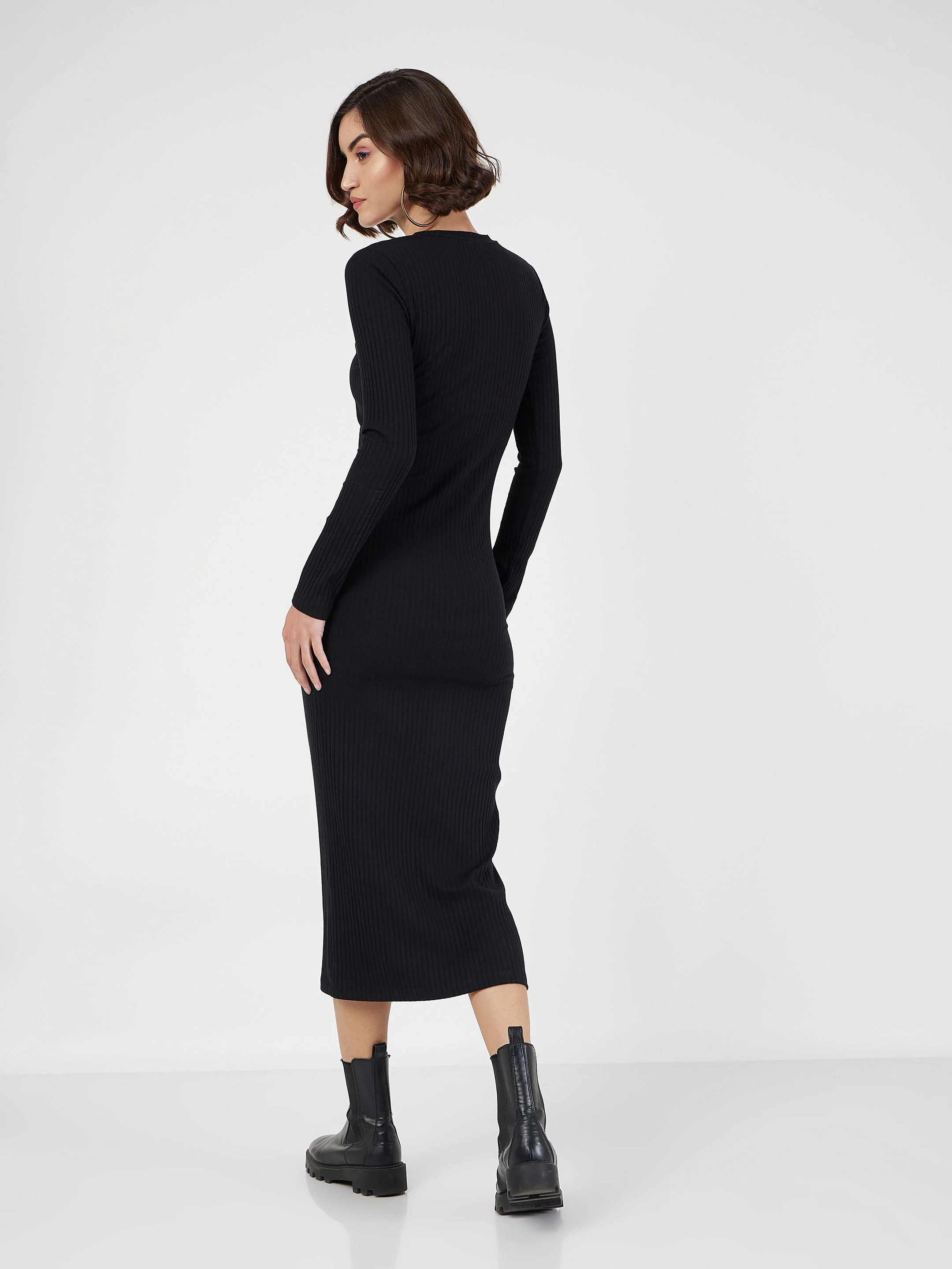 Women Black Rib Bodycon Midi Dress - Image 5