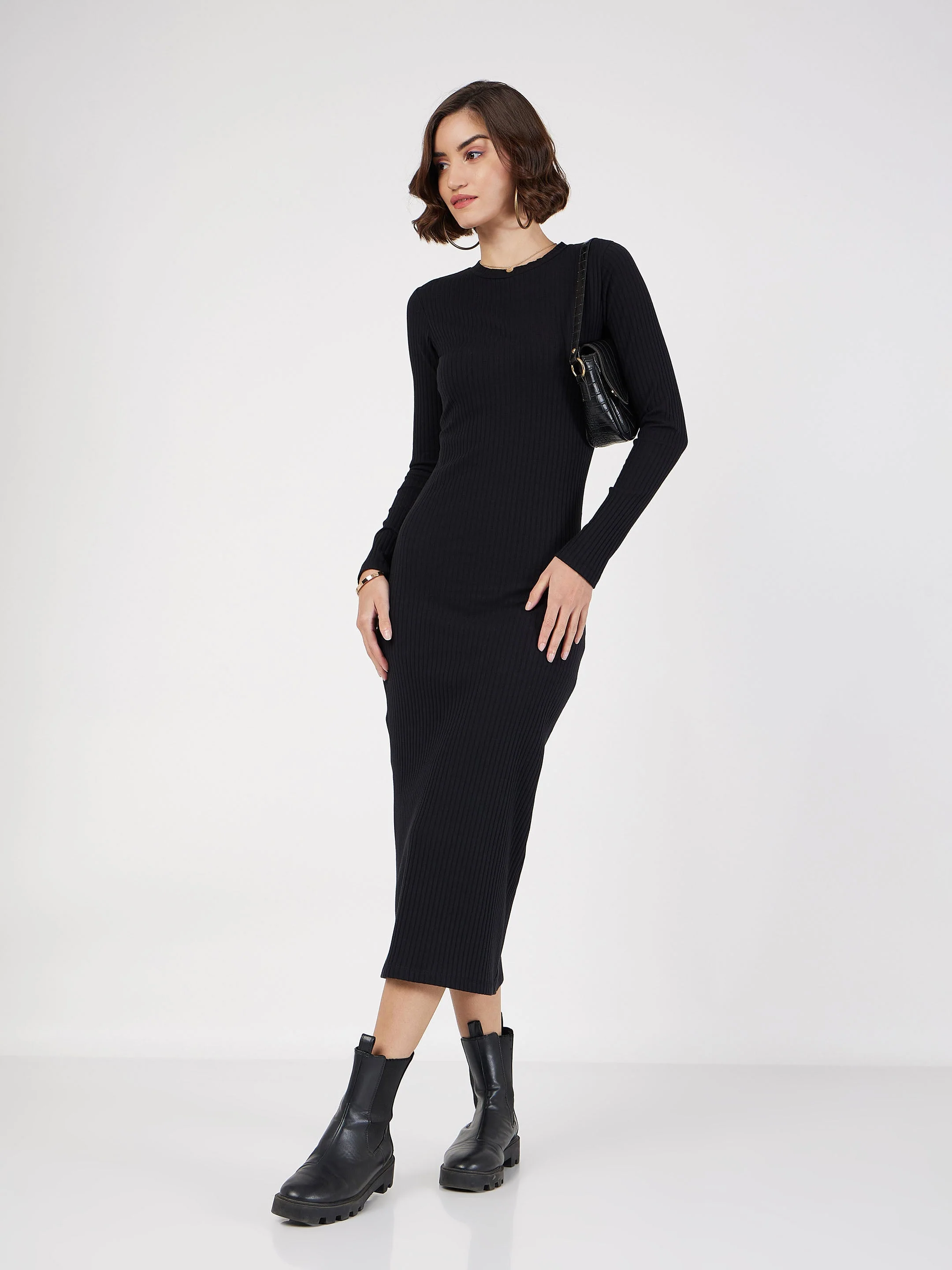 Women Black Rib Bodycon Midi Dress - Image 6