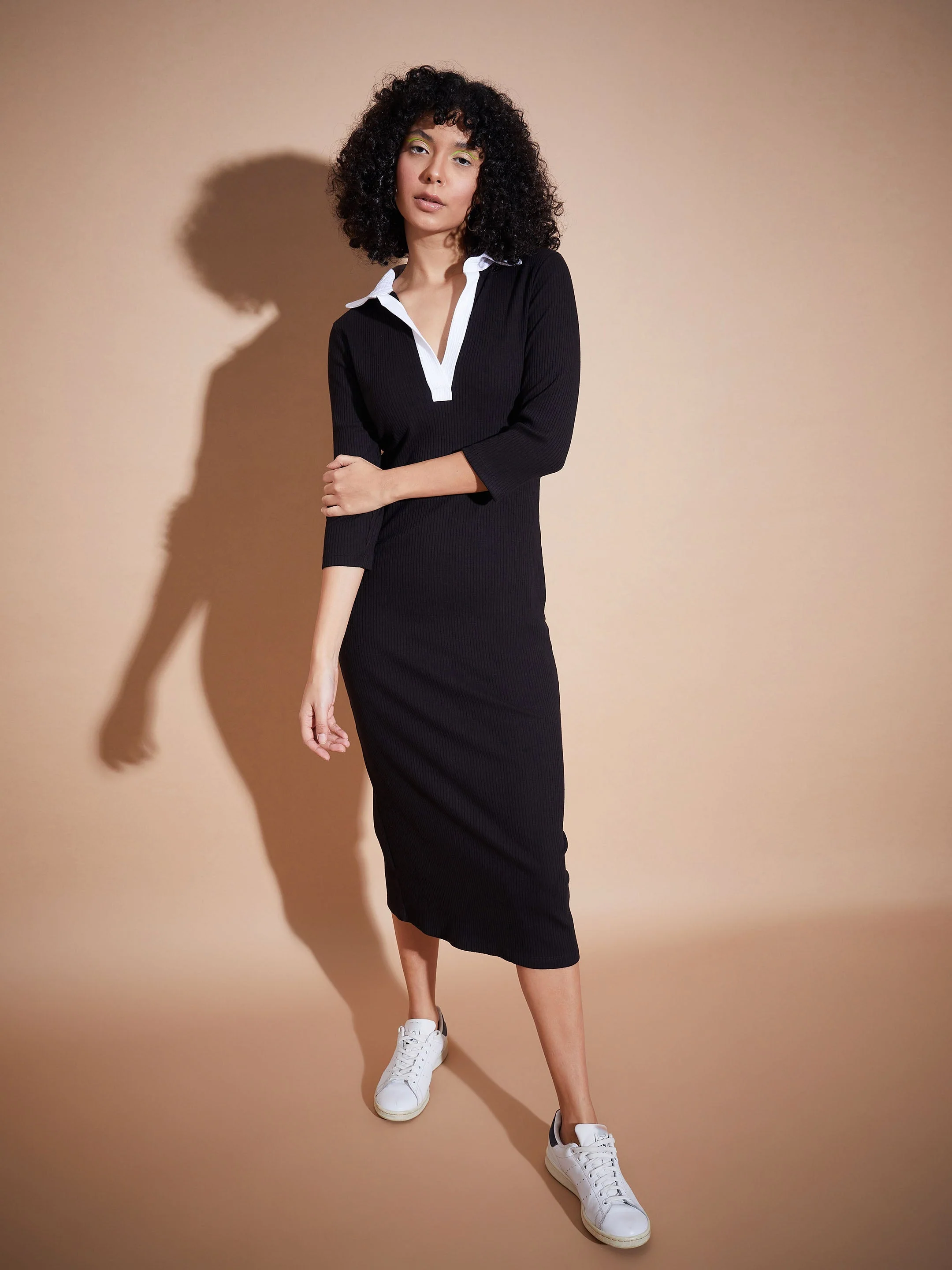 Women Black Rib Contrast Collar Midi Dress - Image 4
