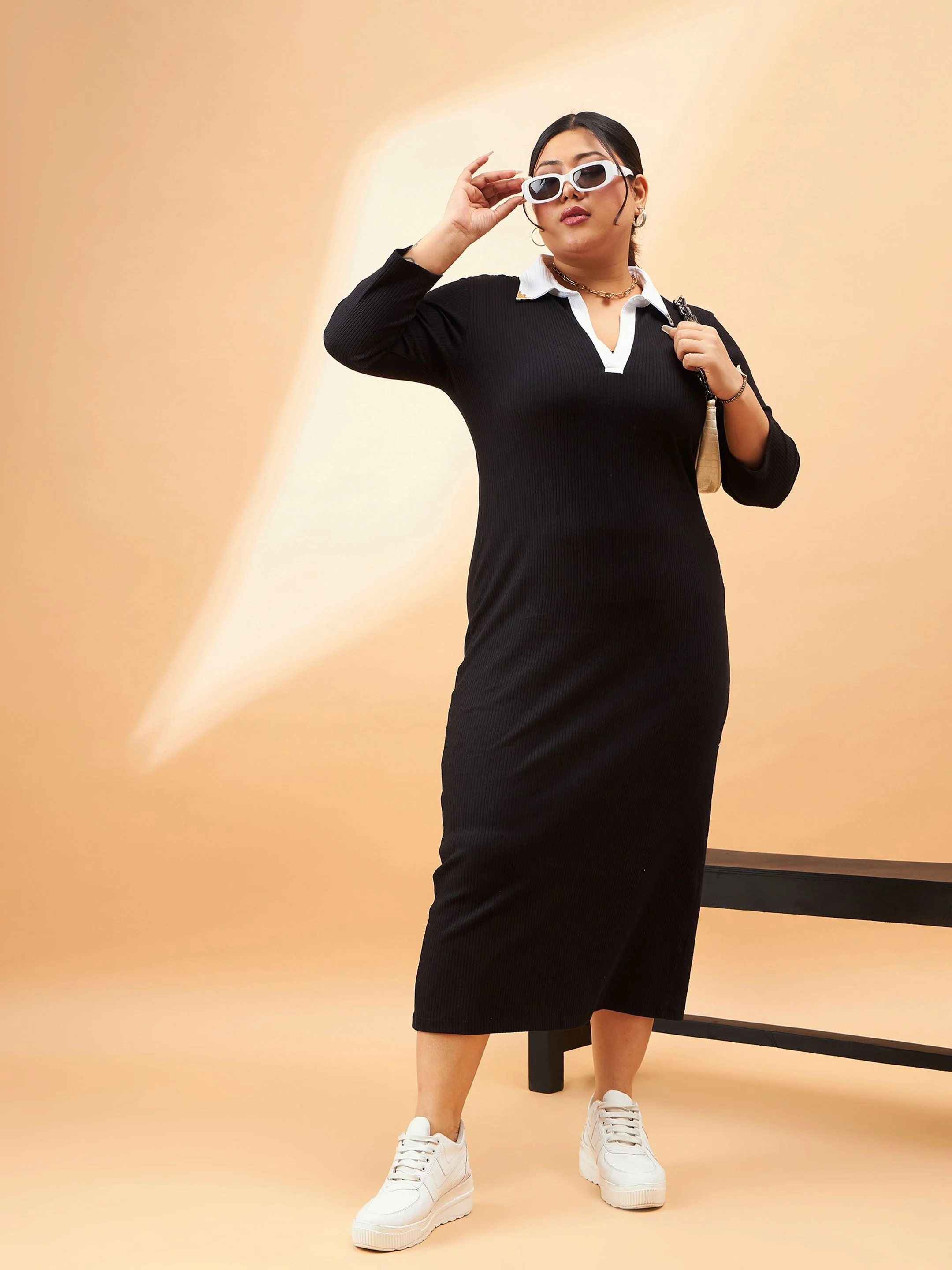 Women Black Rib Contrast Collar Midi Dress - Image 2
