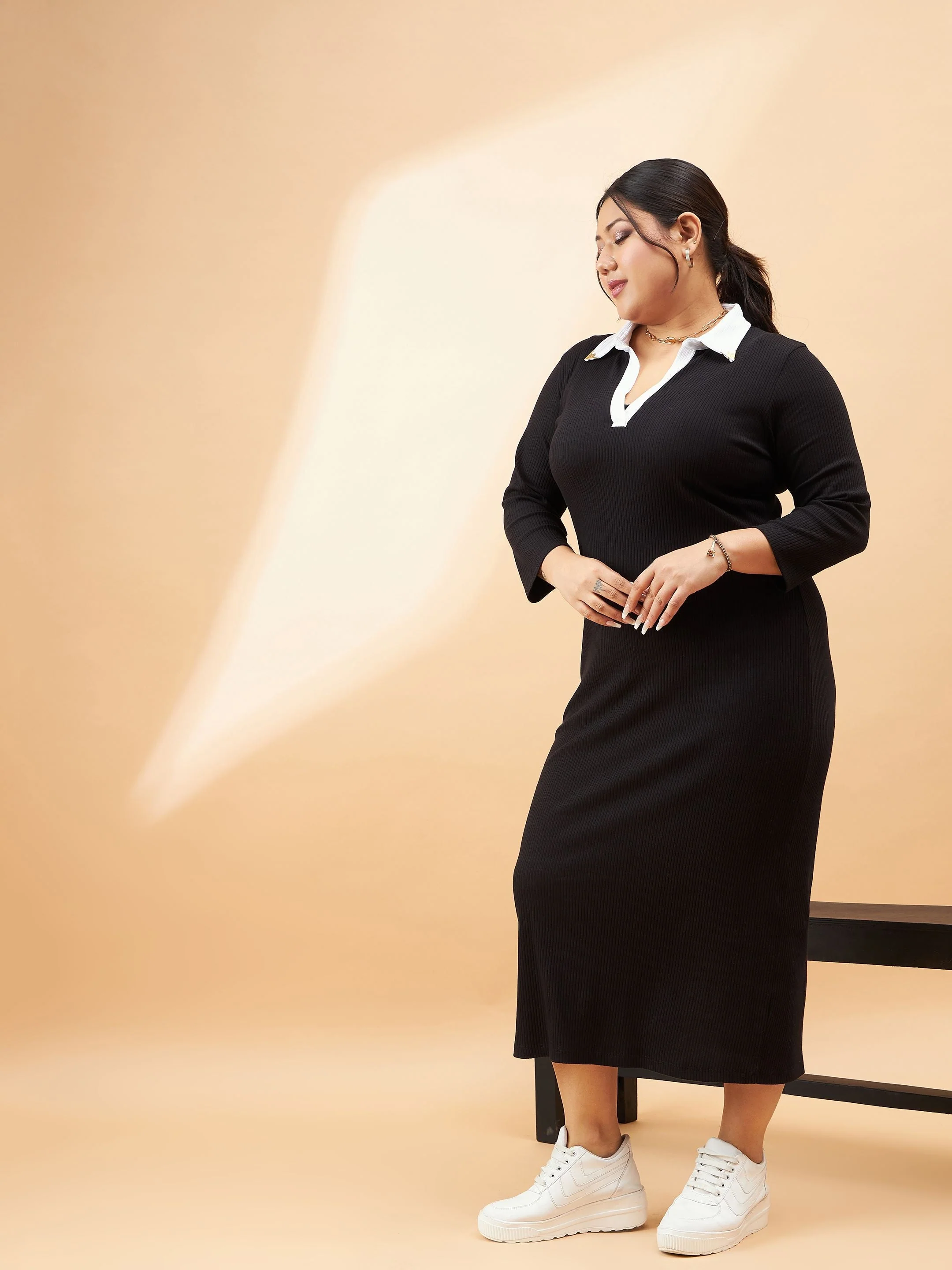 Women Black Rib Contrast Collar Midi Dress - Image 3