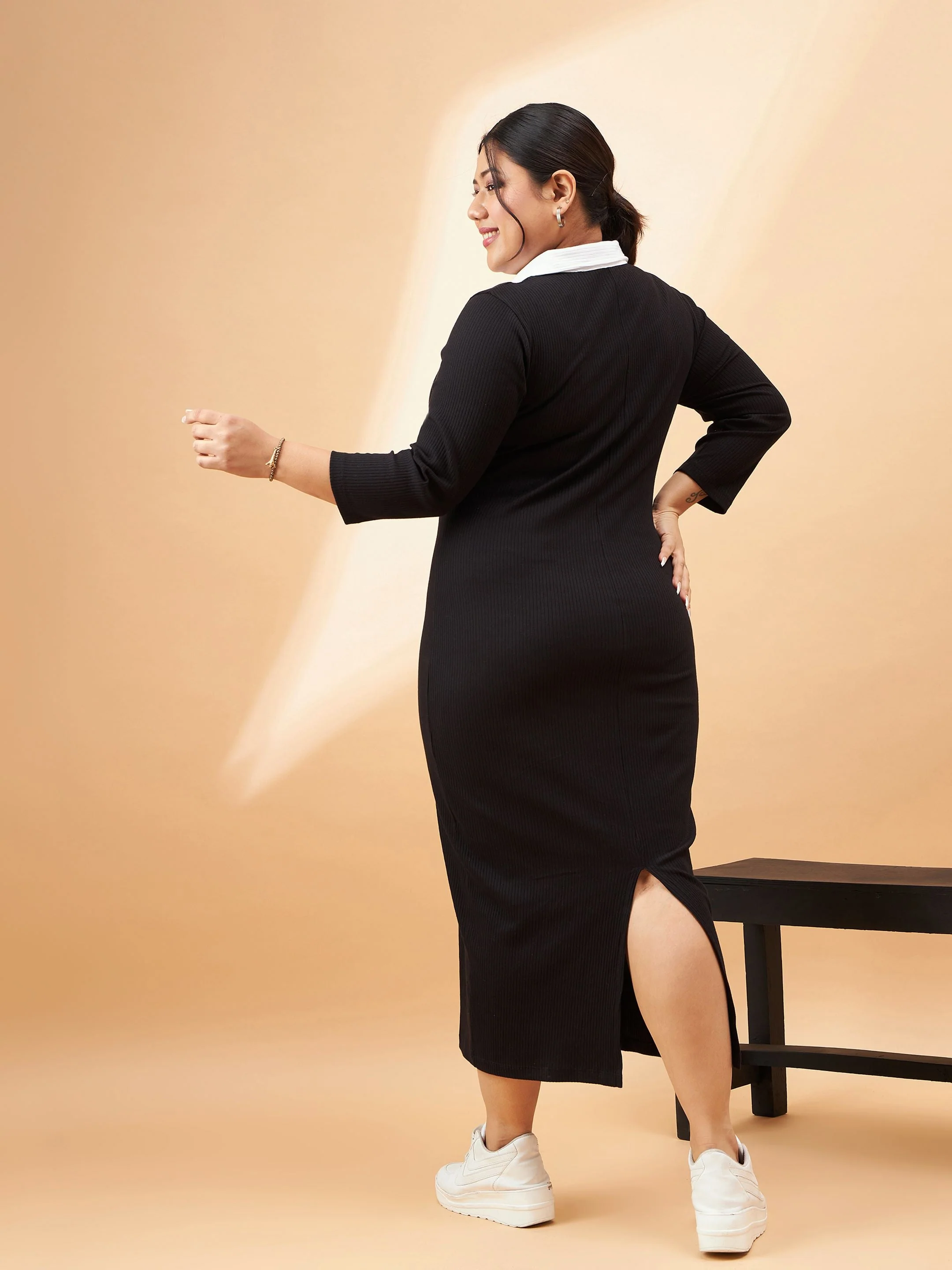 Women Black Rib Contrast Collar Midi Dress - Image 5