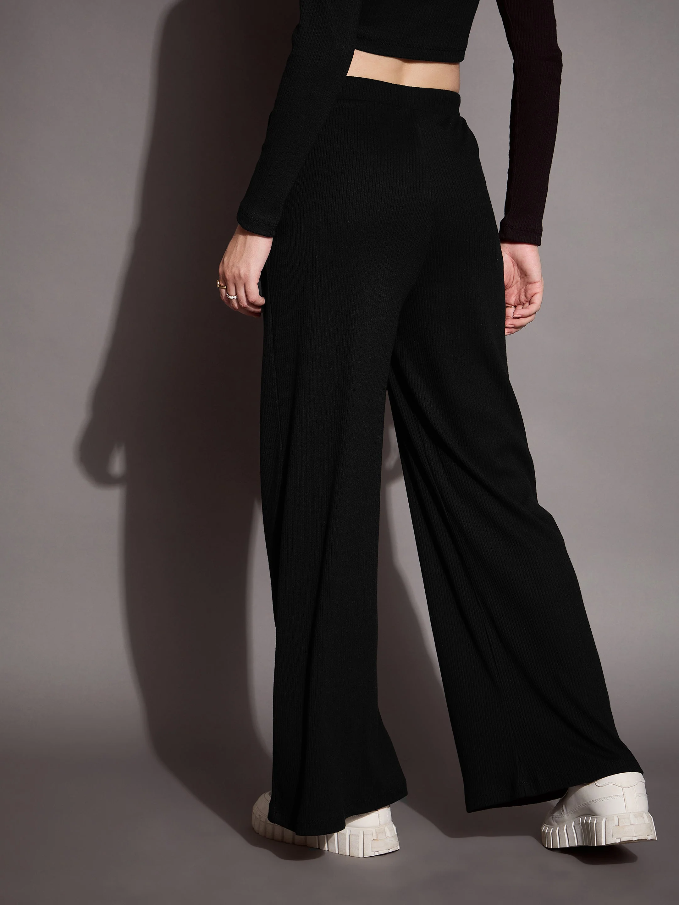 Women Black Rib Drawstring Pants - Image 2