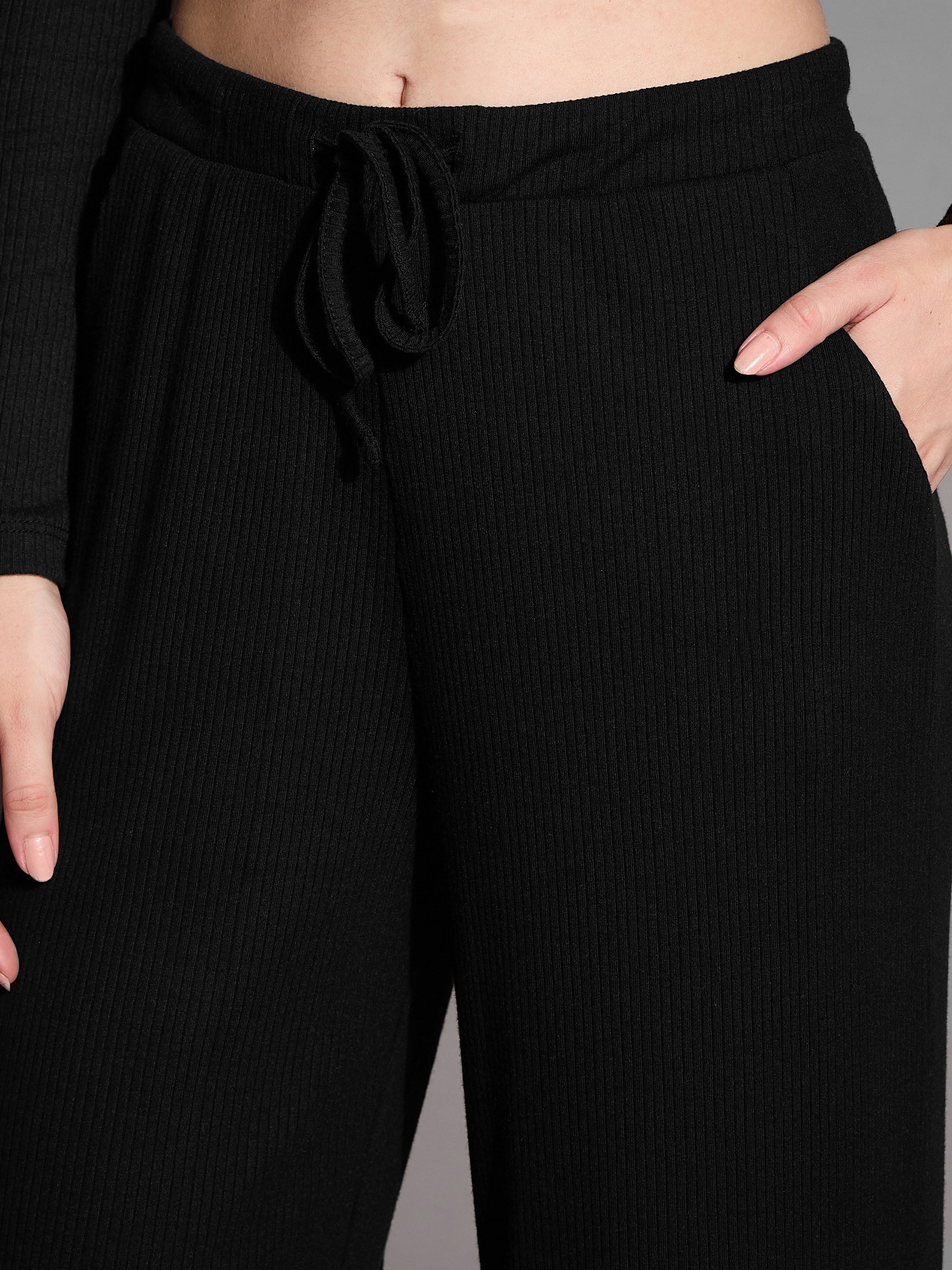 Women Black Rib Drawstring Pants - Image 3