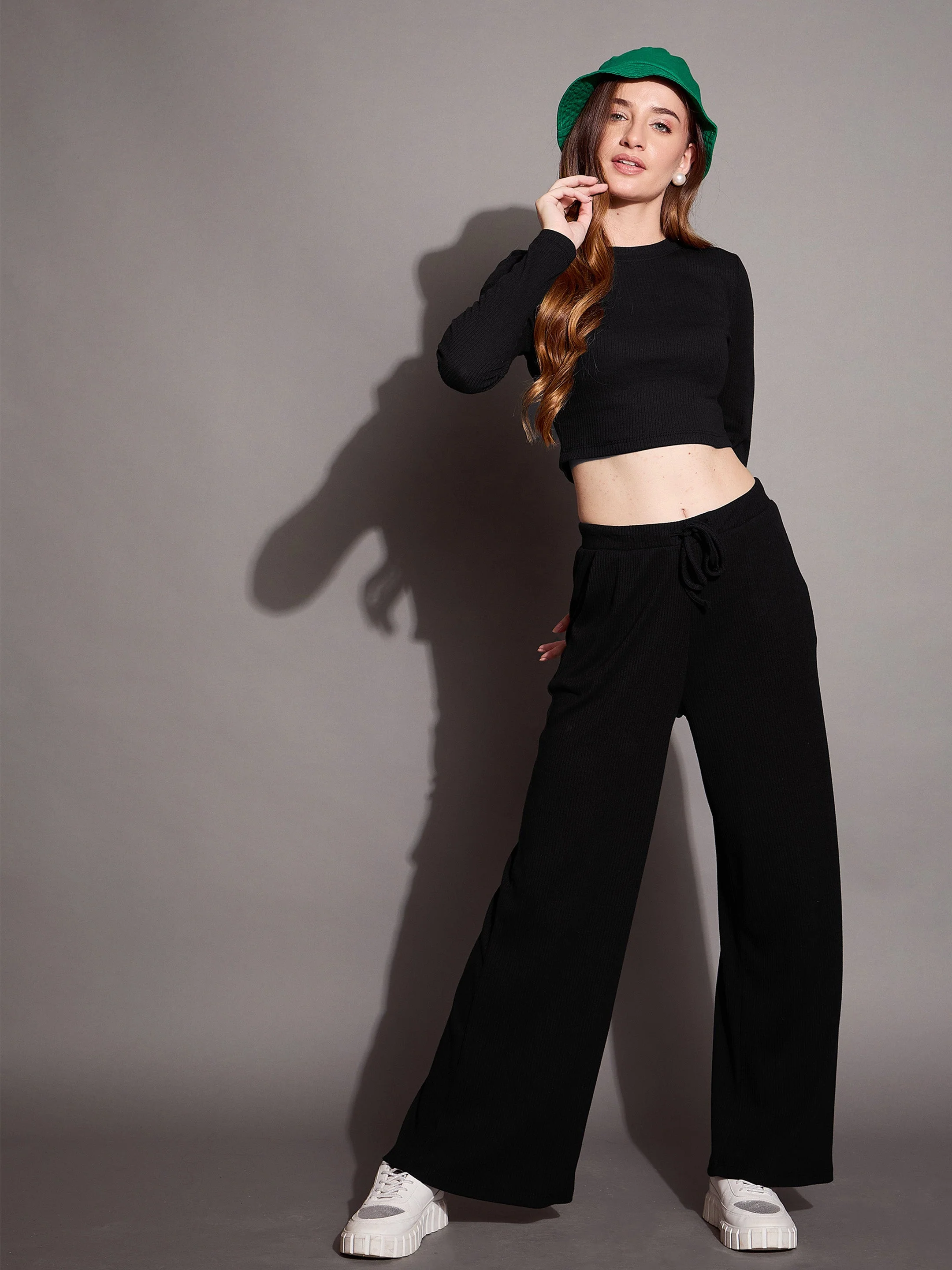 Women Black Rib Drawstring Pants - Image 4