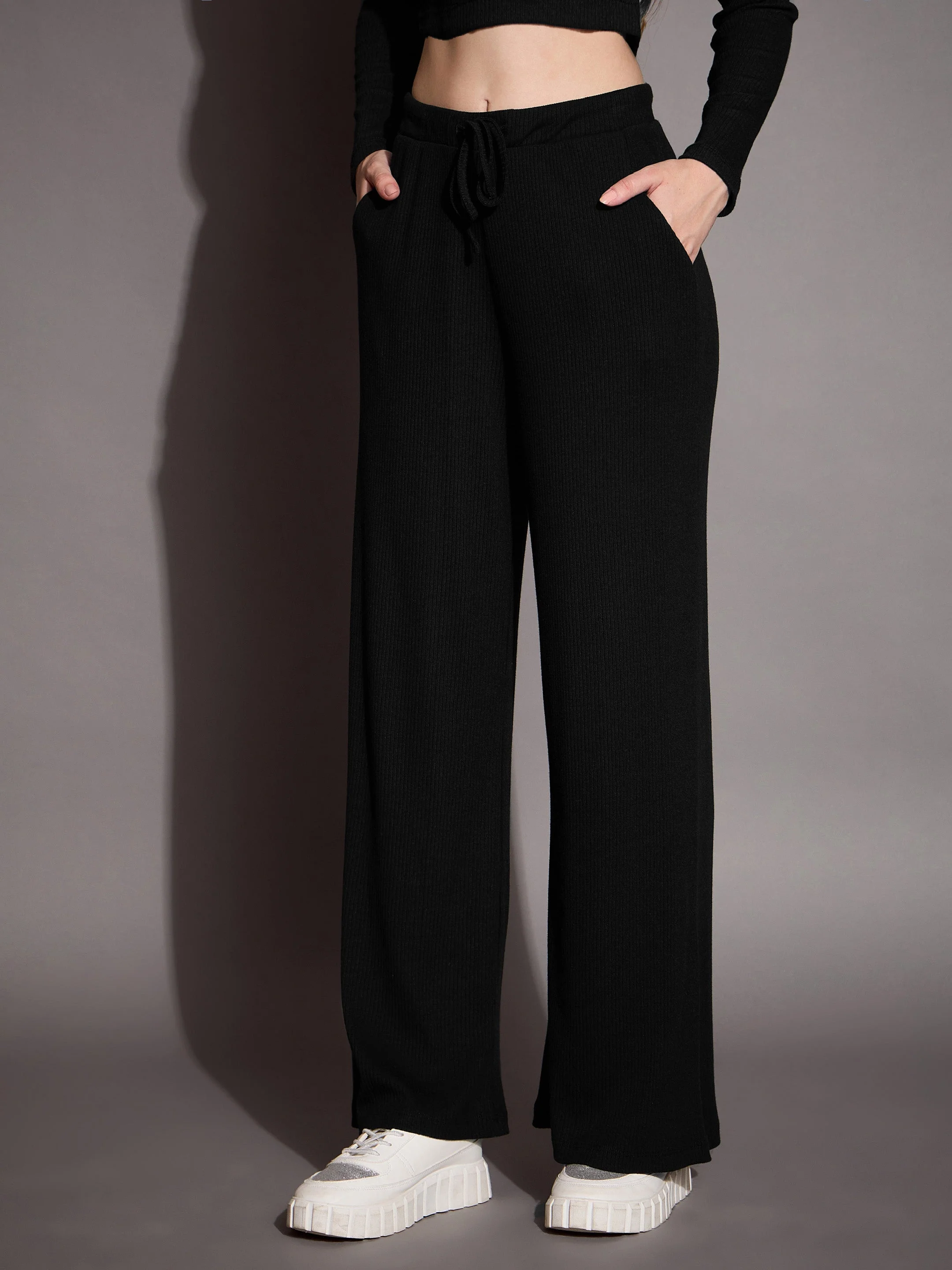 Women Black Rib Drawstring Pants - Image 5