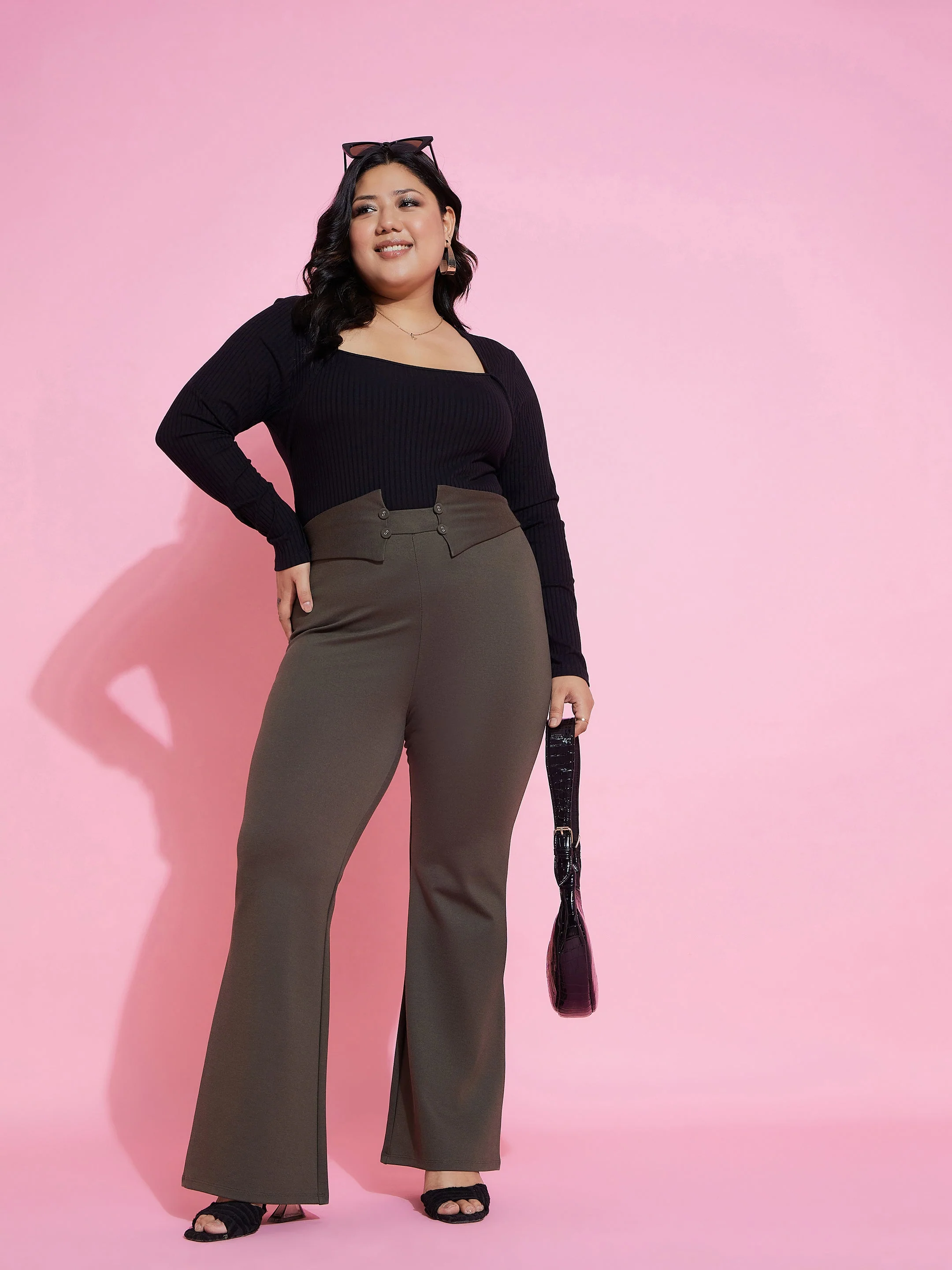 Women Black Rib Empire Neck Top - Image 2