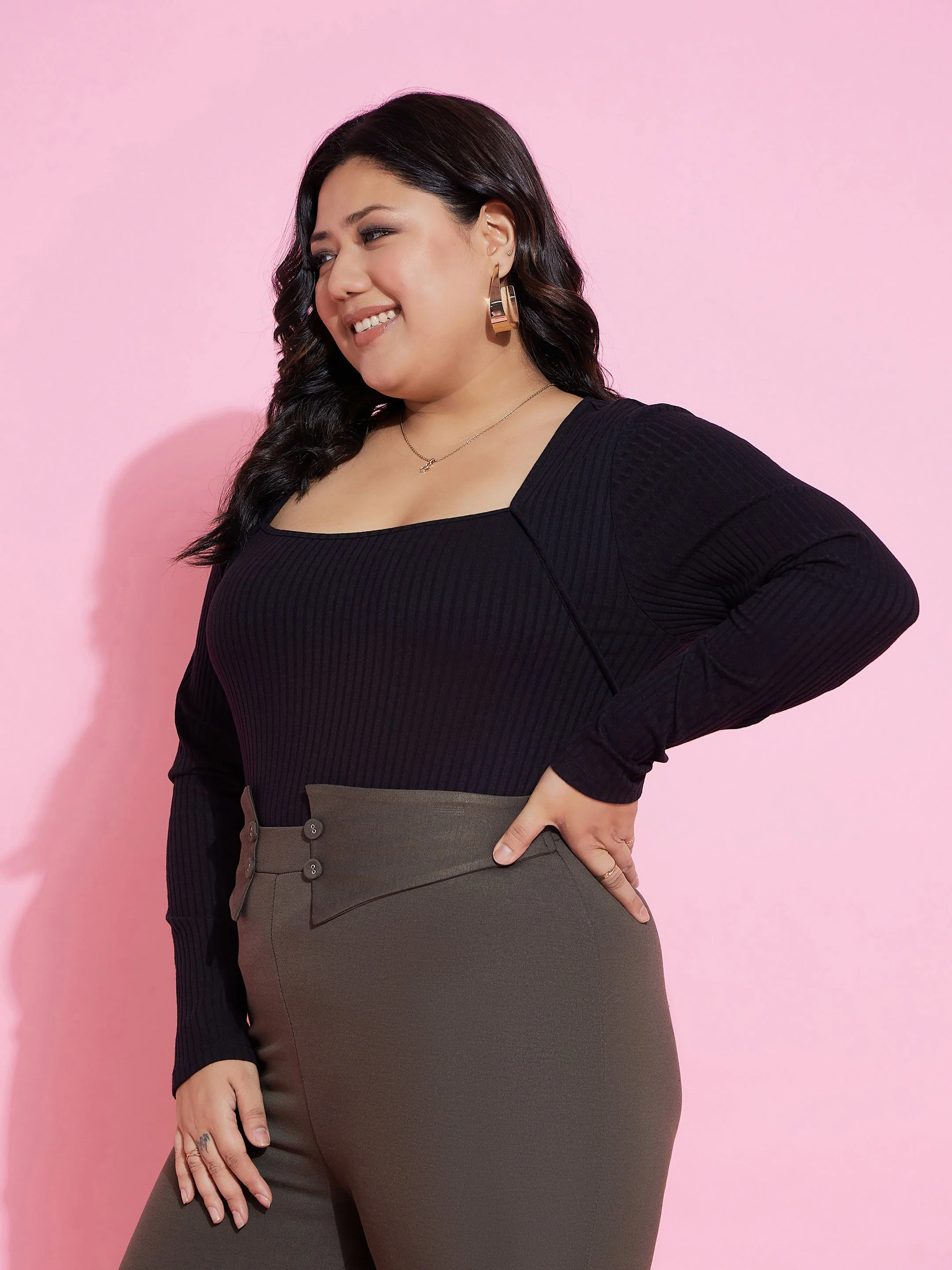 Women Black Rib Empire Neck Top - Image 3