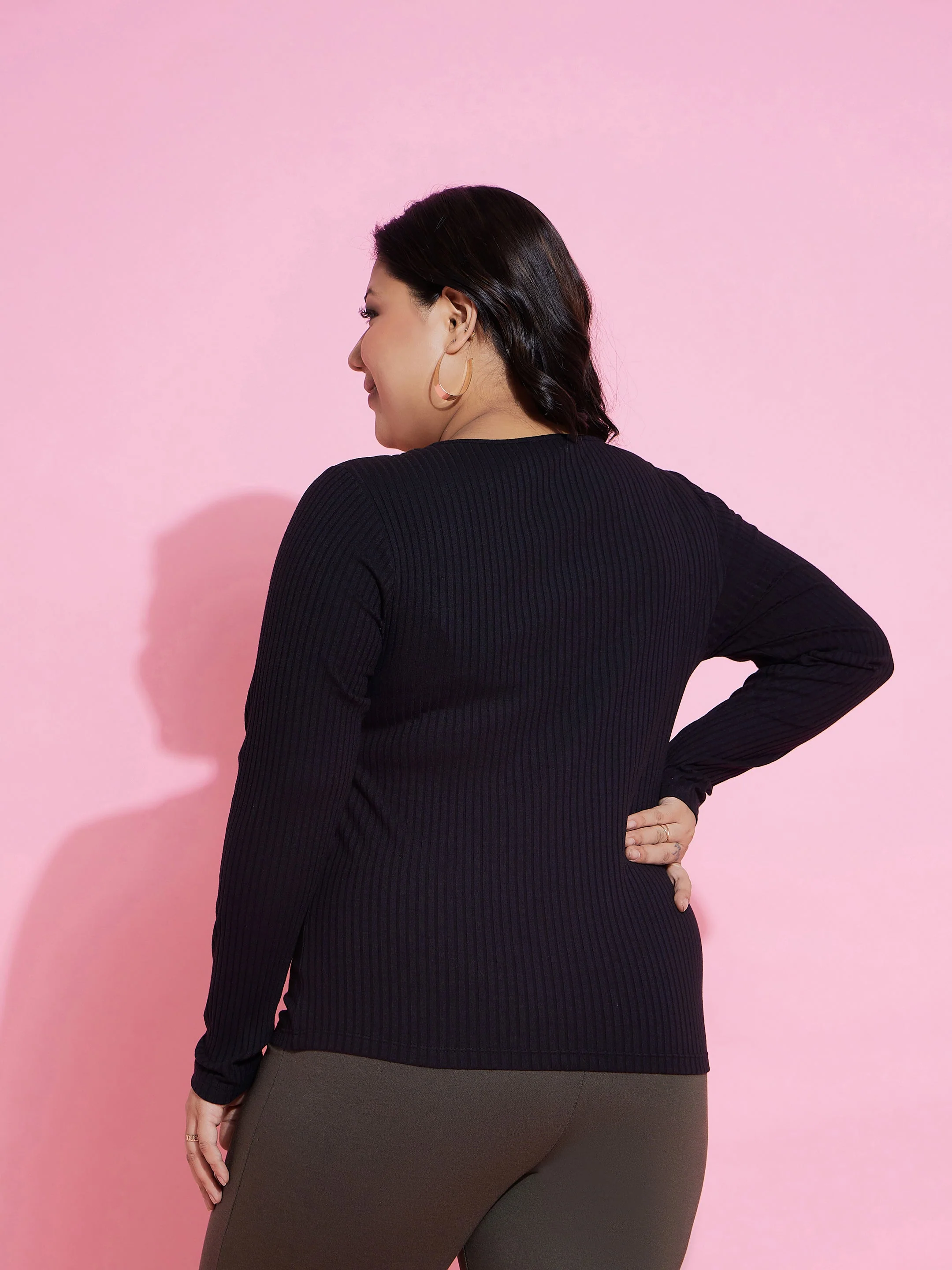 Women Black Rib Empire Neck Top - Image 5