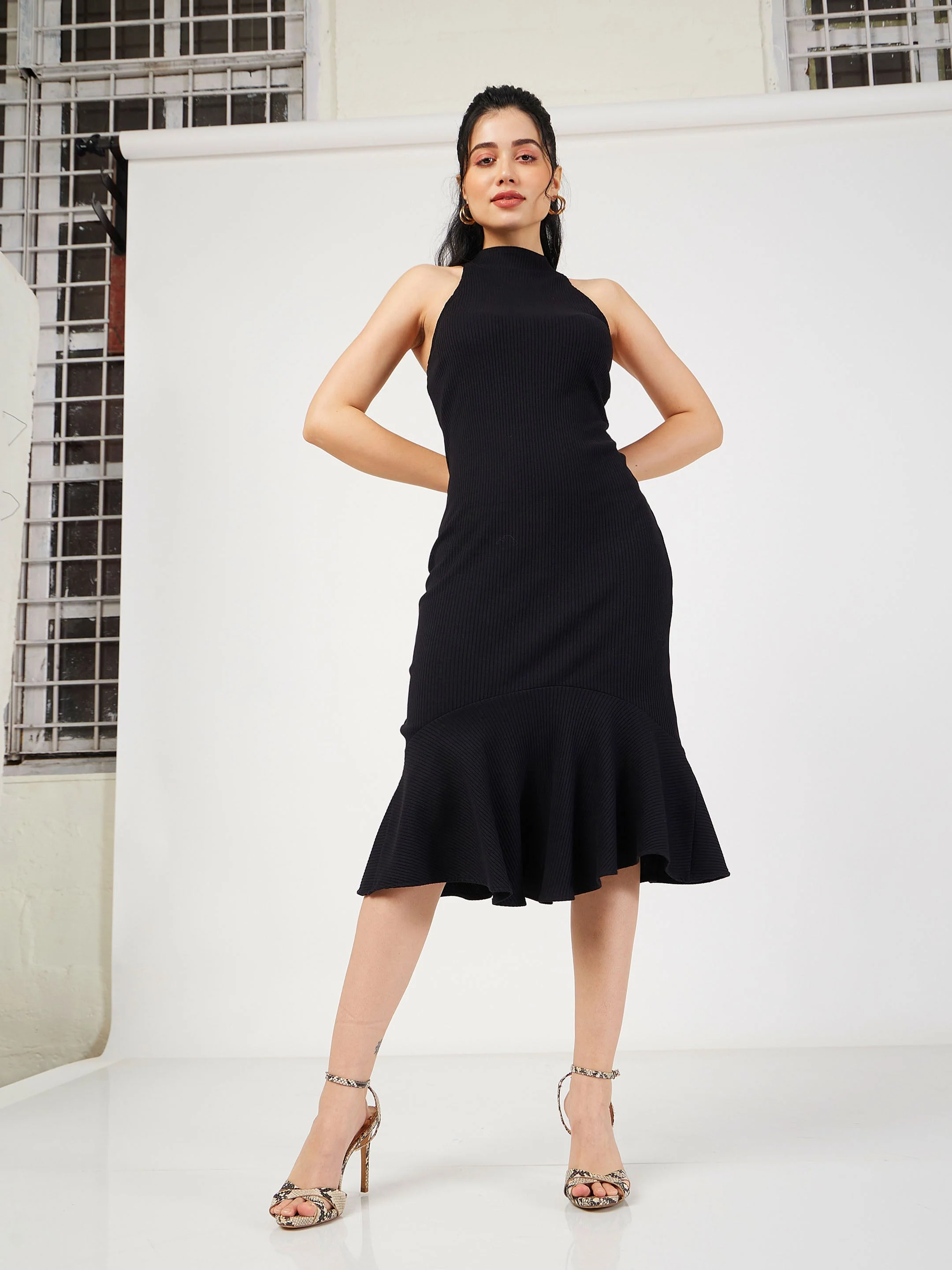 Women Black Rib Fish Frill Bodycon Midi Dress - Image 2