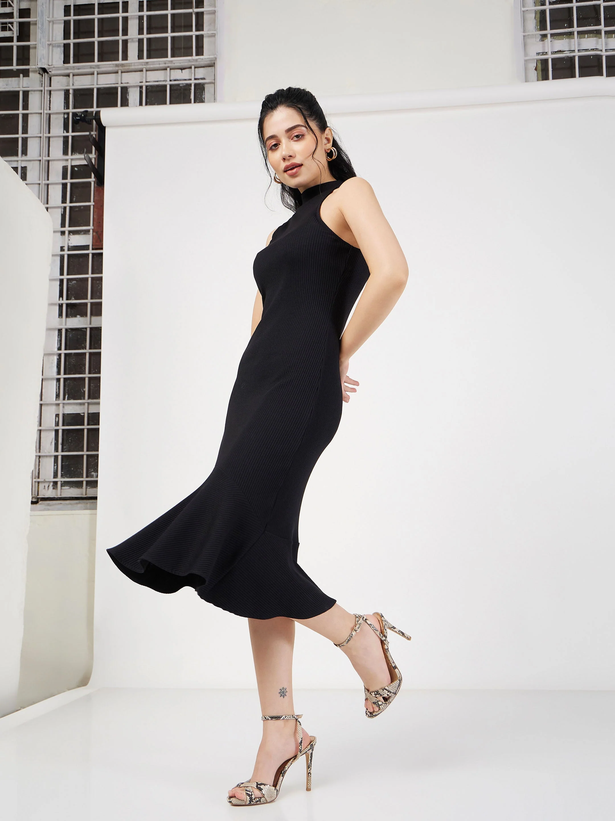 Women Black Rib Fish Frill Bodycon Midi Dress - Image 3