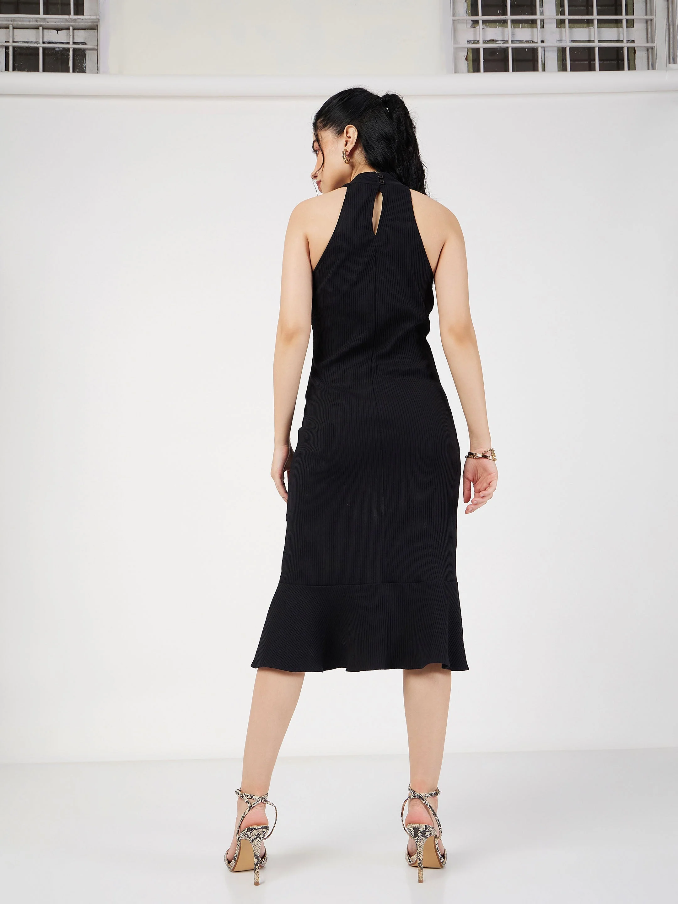 Women Black Rib Fish Frill Bodycon Midi Dress - Image 5
