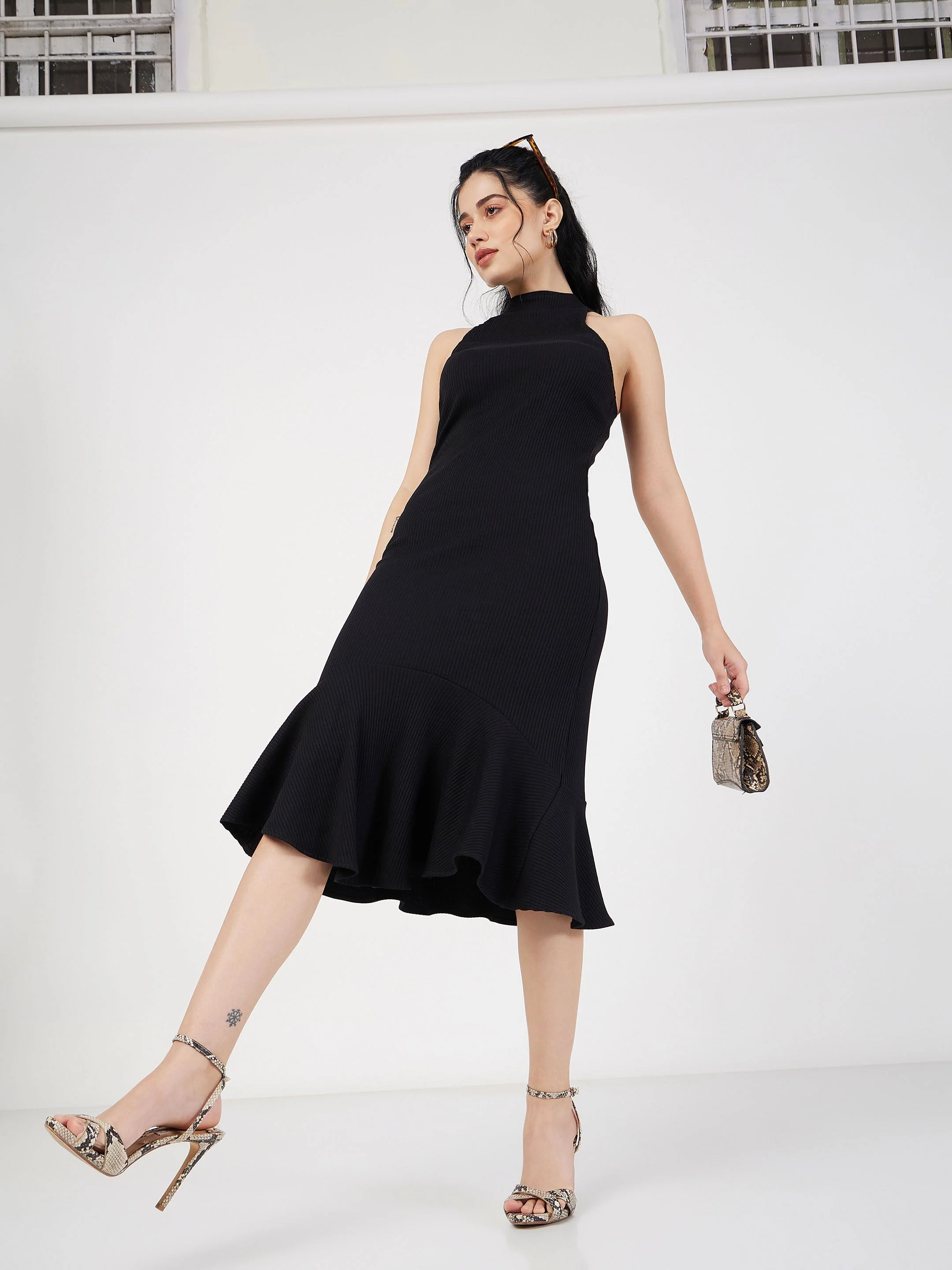 Women Black Rib Fish Frill Bodycon Midi Dress - Image 6