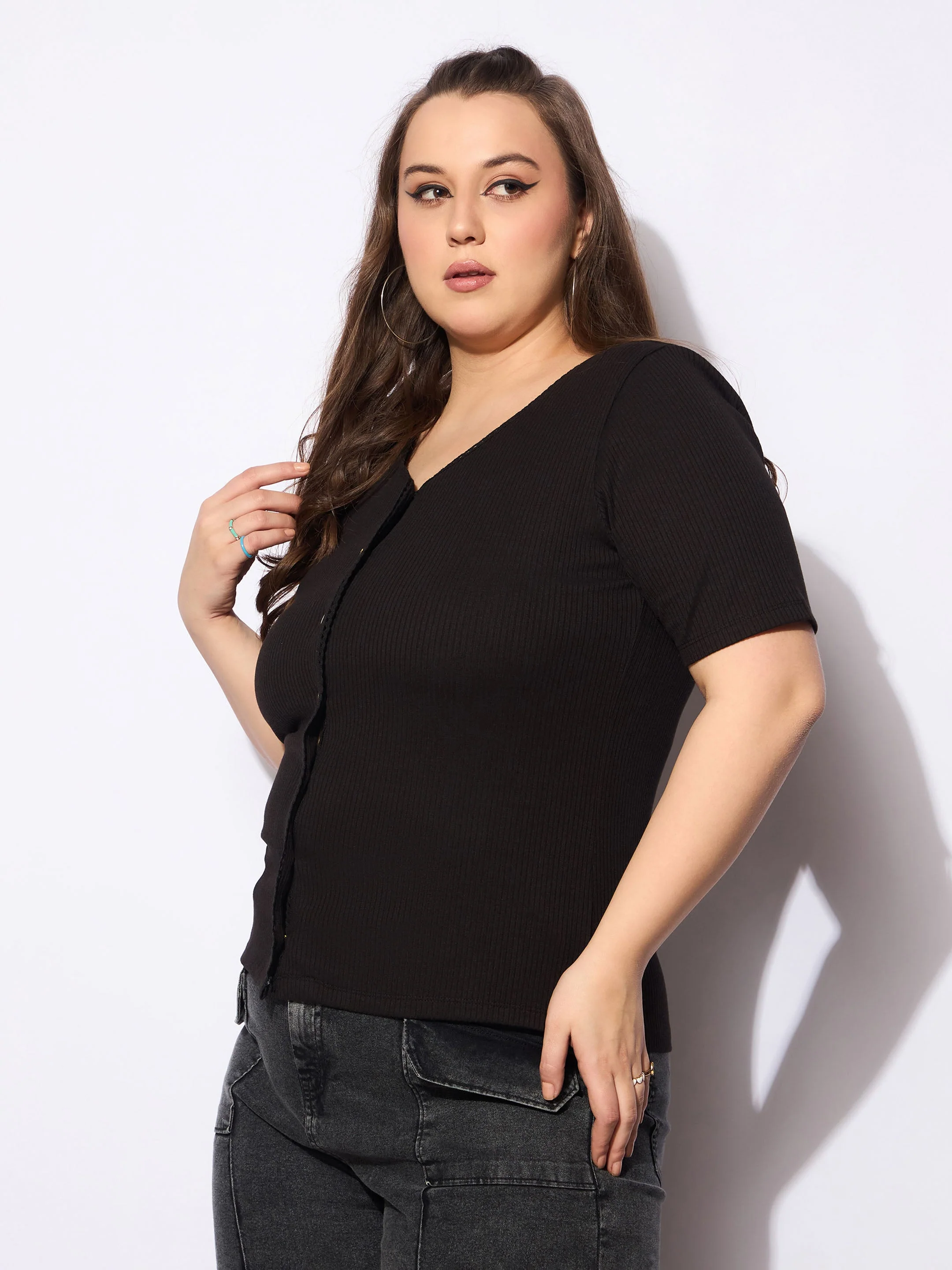 Women Black Rib Front Button Lace Detail Top - Image 3