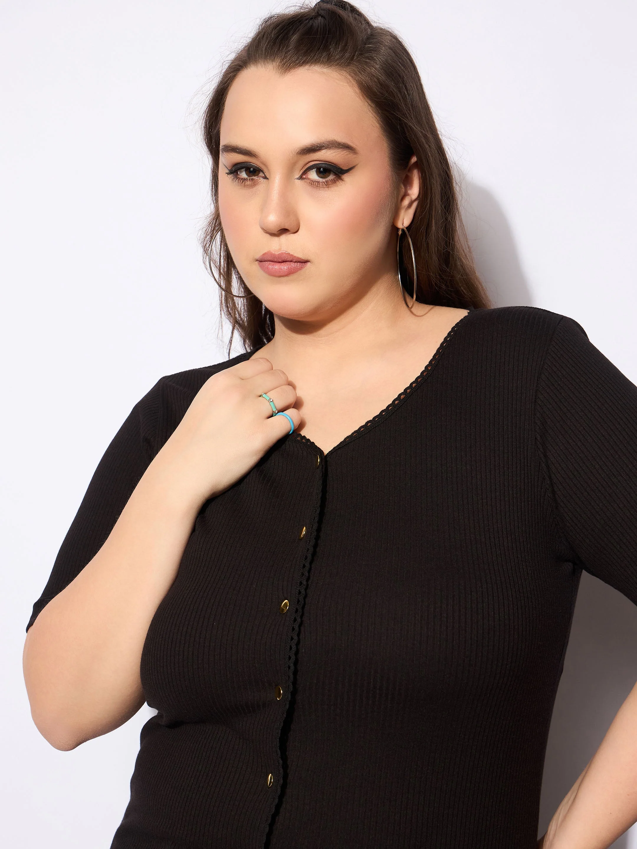 Women Black Rib Front Button Lace Detail Top - Image 4