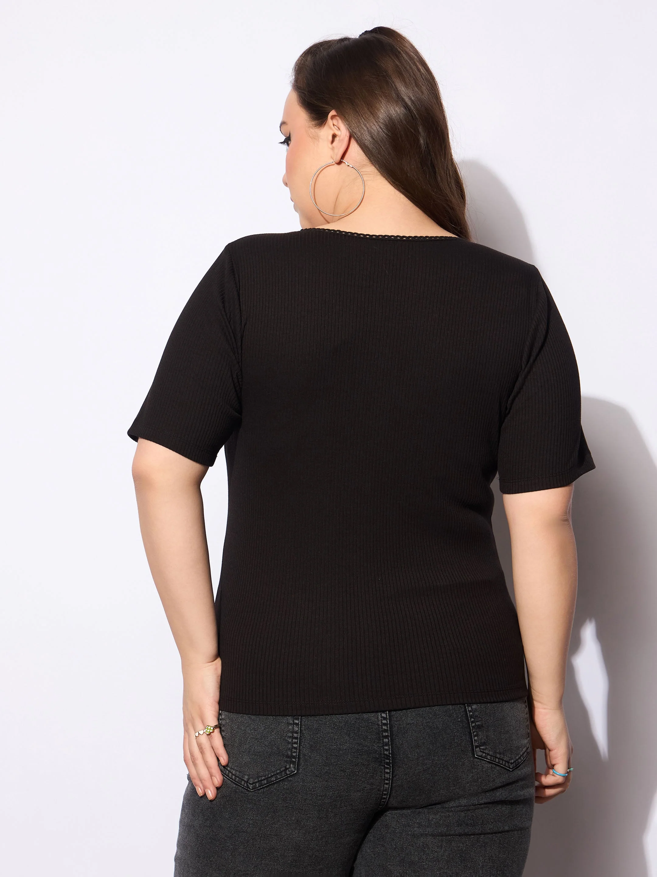 Women Black Rib Front Button Lace Detail Top - Image 5