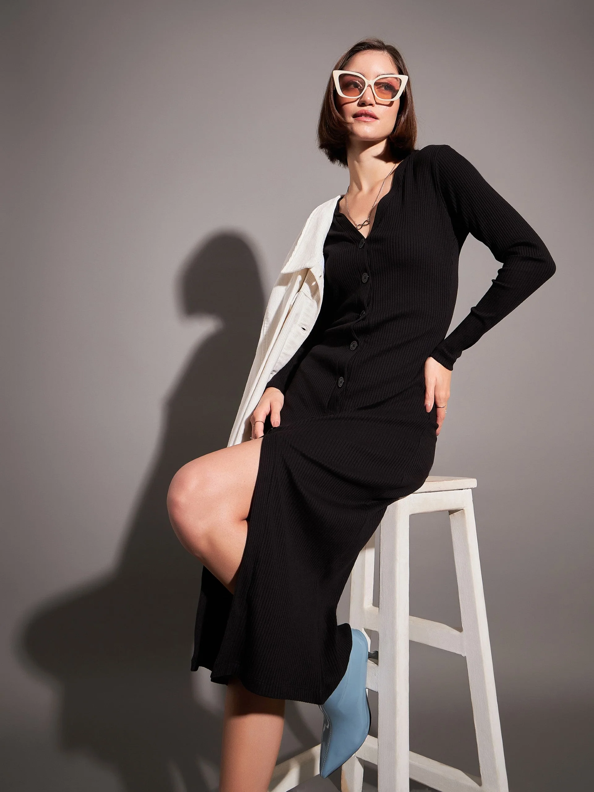 Women Black Rib Front Button Midi Dress - Image 2