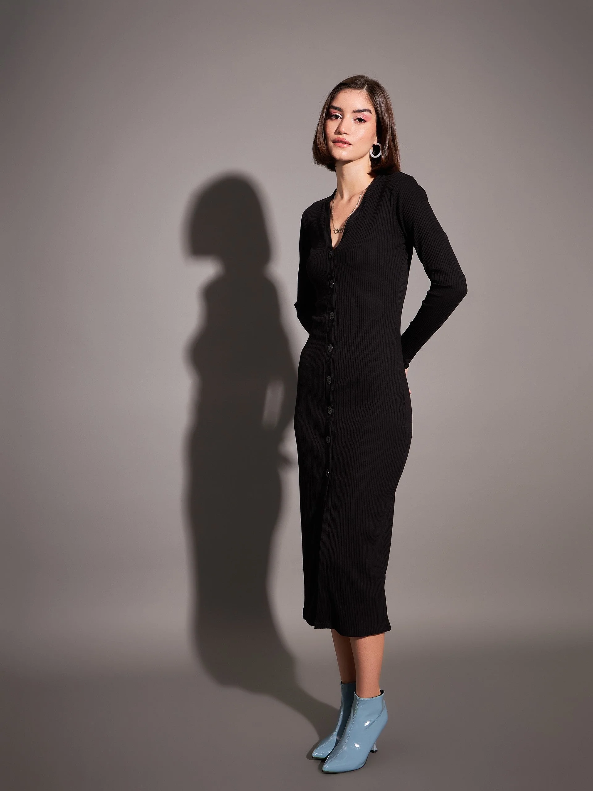 Women Black Rib Front Button Midi Dress - Image 3