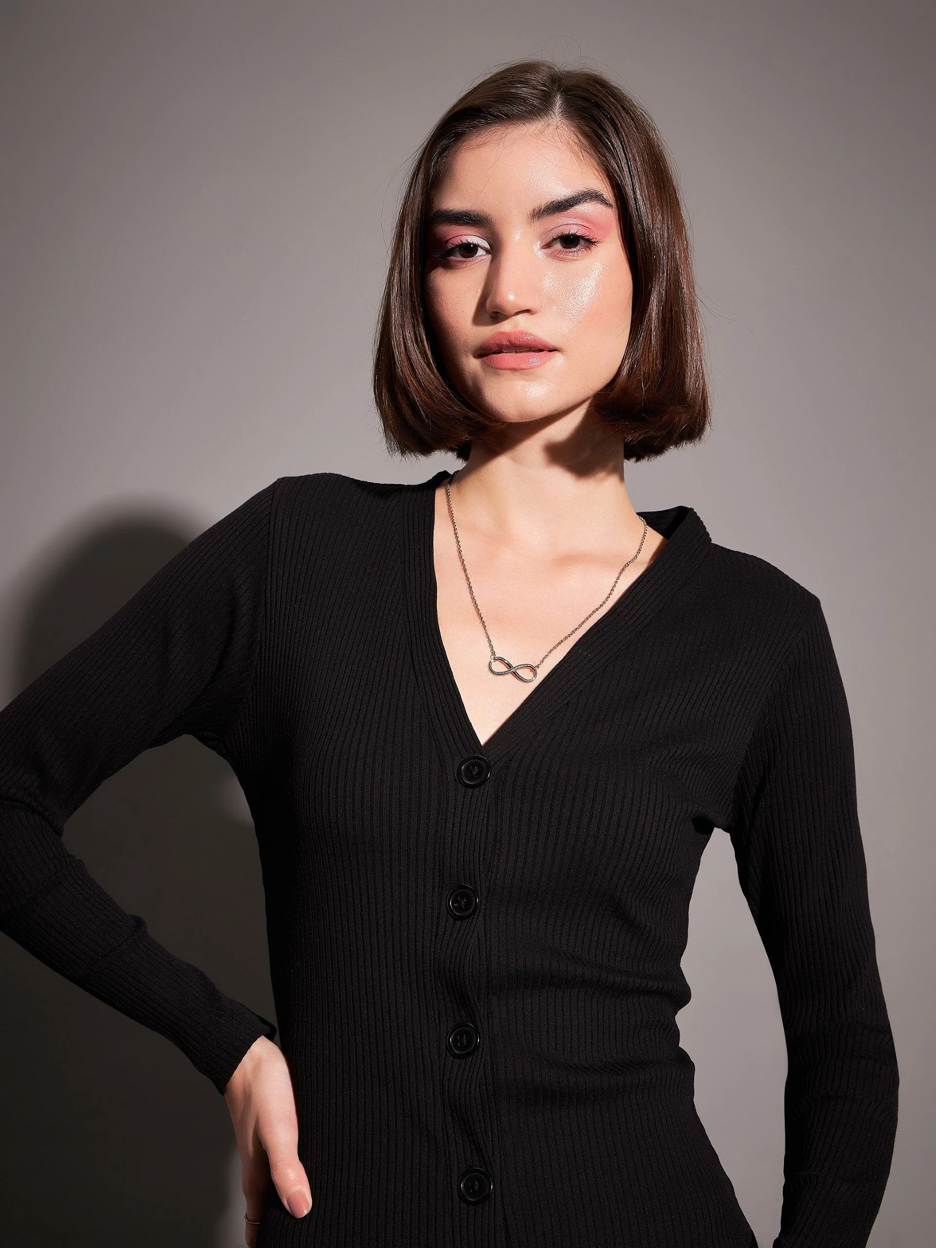 Women Black Rib Front Button Midi Dress - Image 4