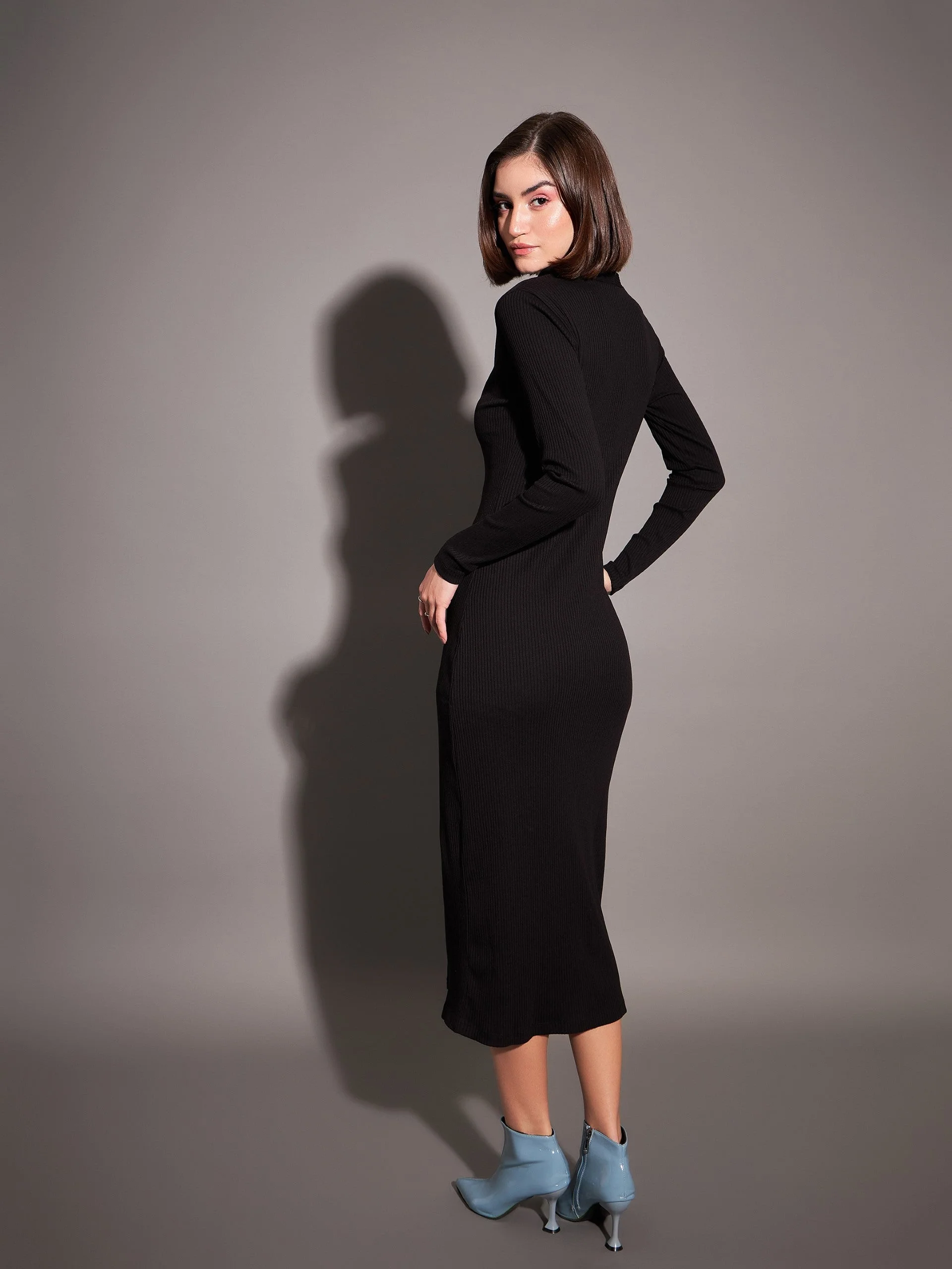 Women Black Rib Front Button Midi Dress - Image 5