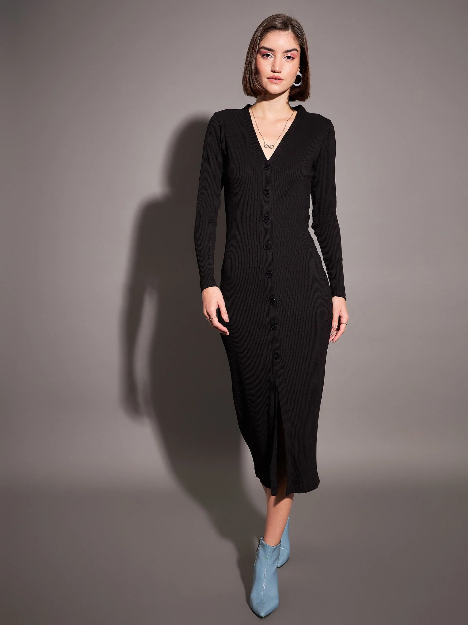 Women Black Rib Front Button Midi Dress - Image 6