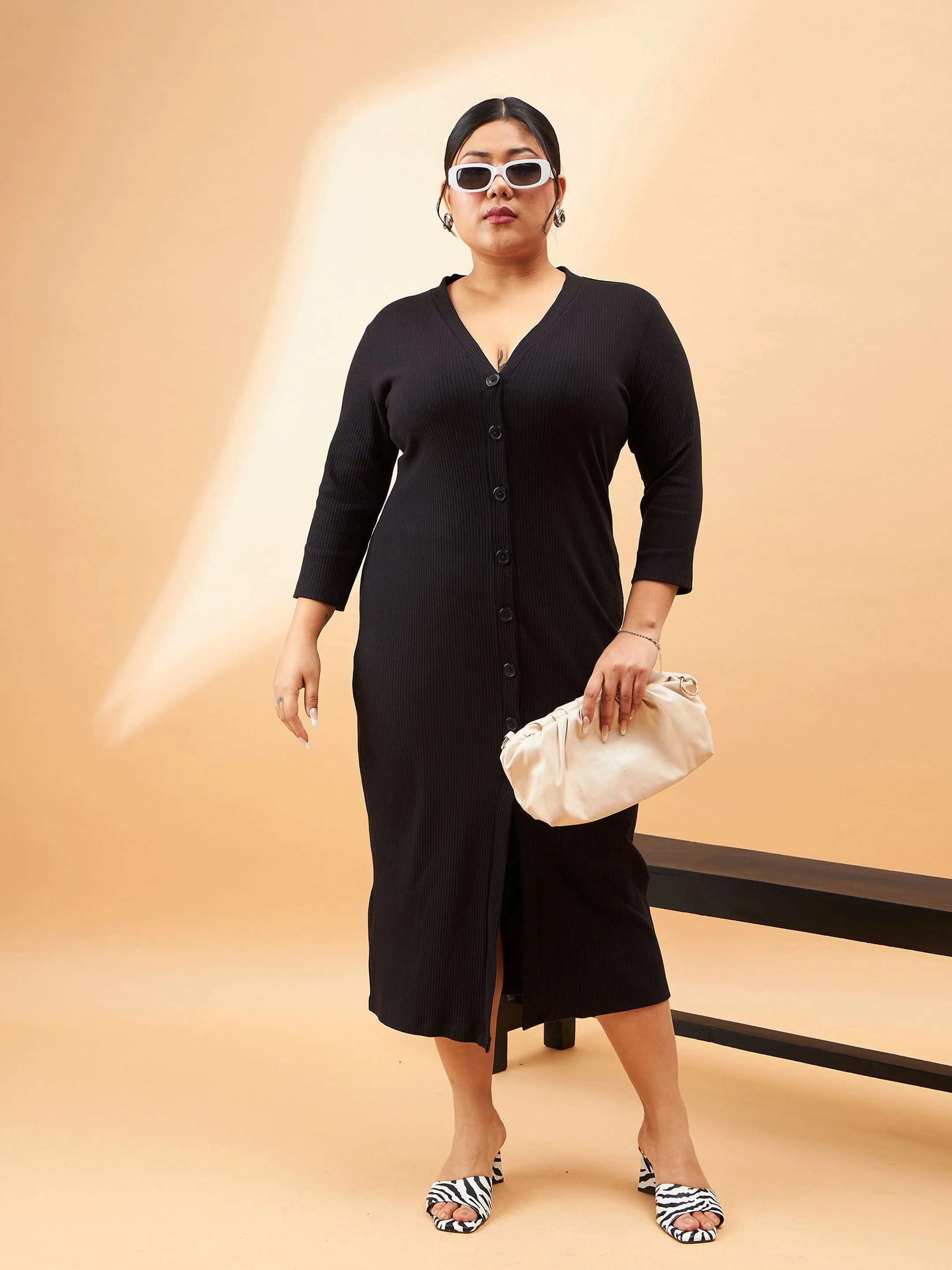 Women Black Rib Front Button V-Neck Midi Dress - Image 2