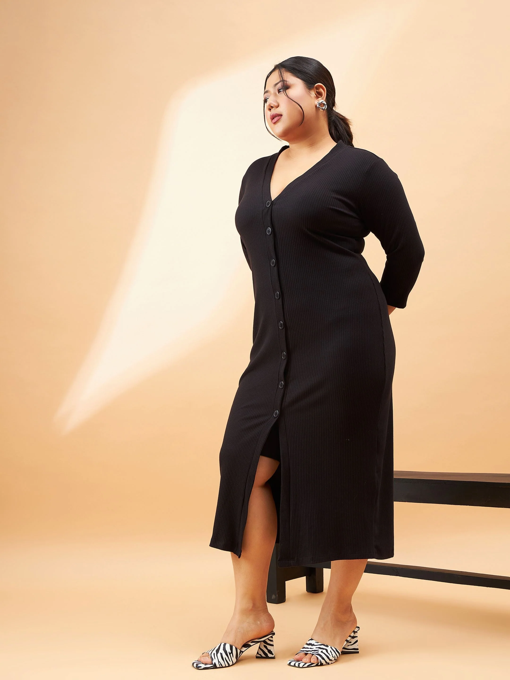 Women Black Rib Front Button V-Neck Midi Dress - Image 3