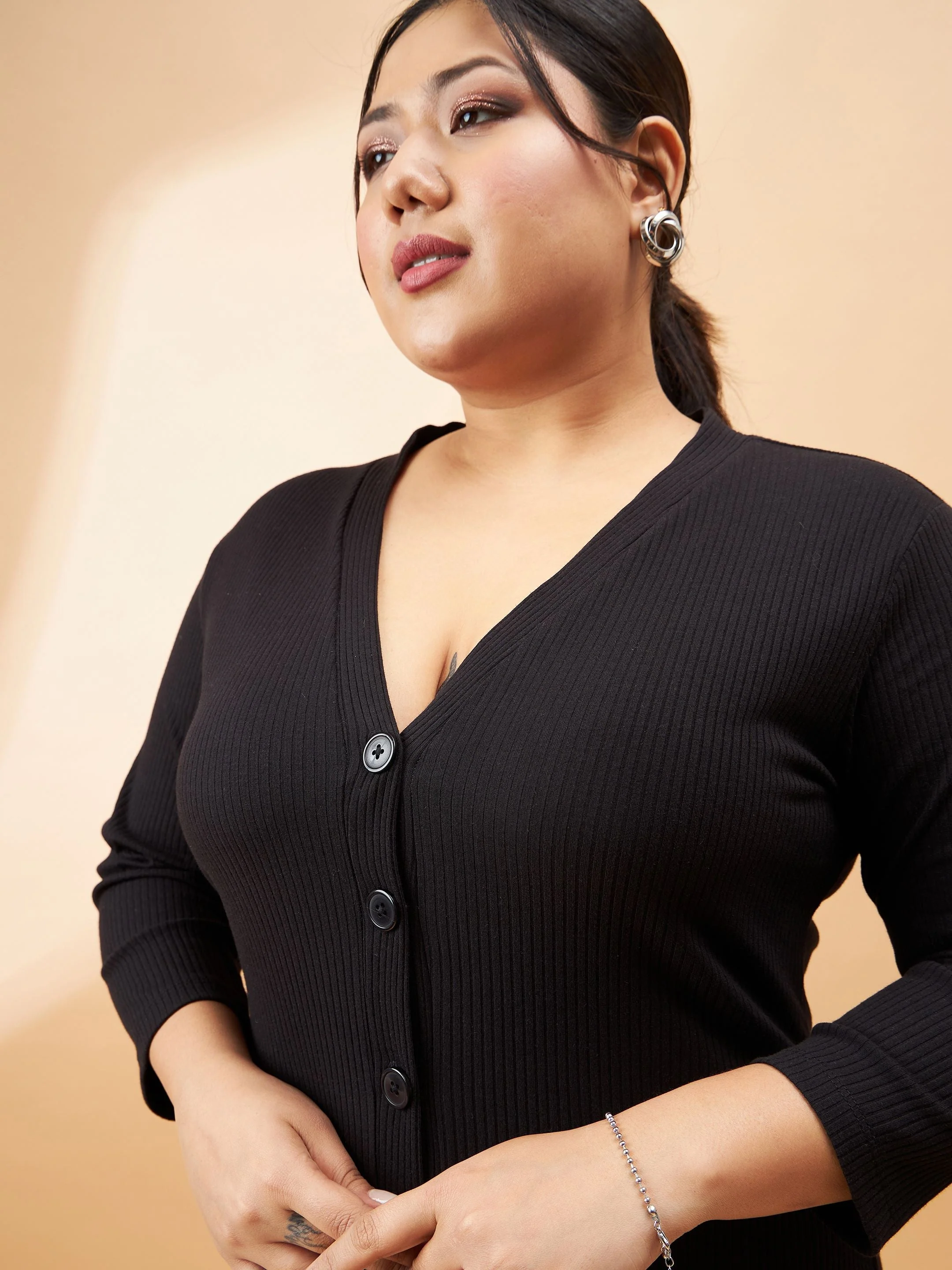 Women Black Rib Front Button V-Neck Midi Dress - Image 4