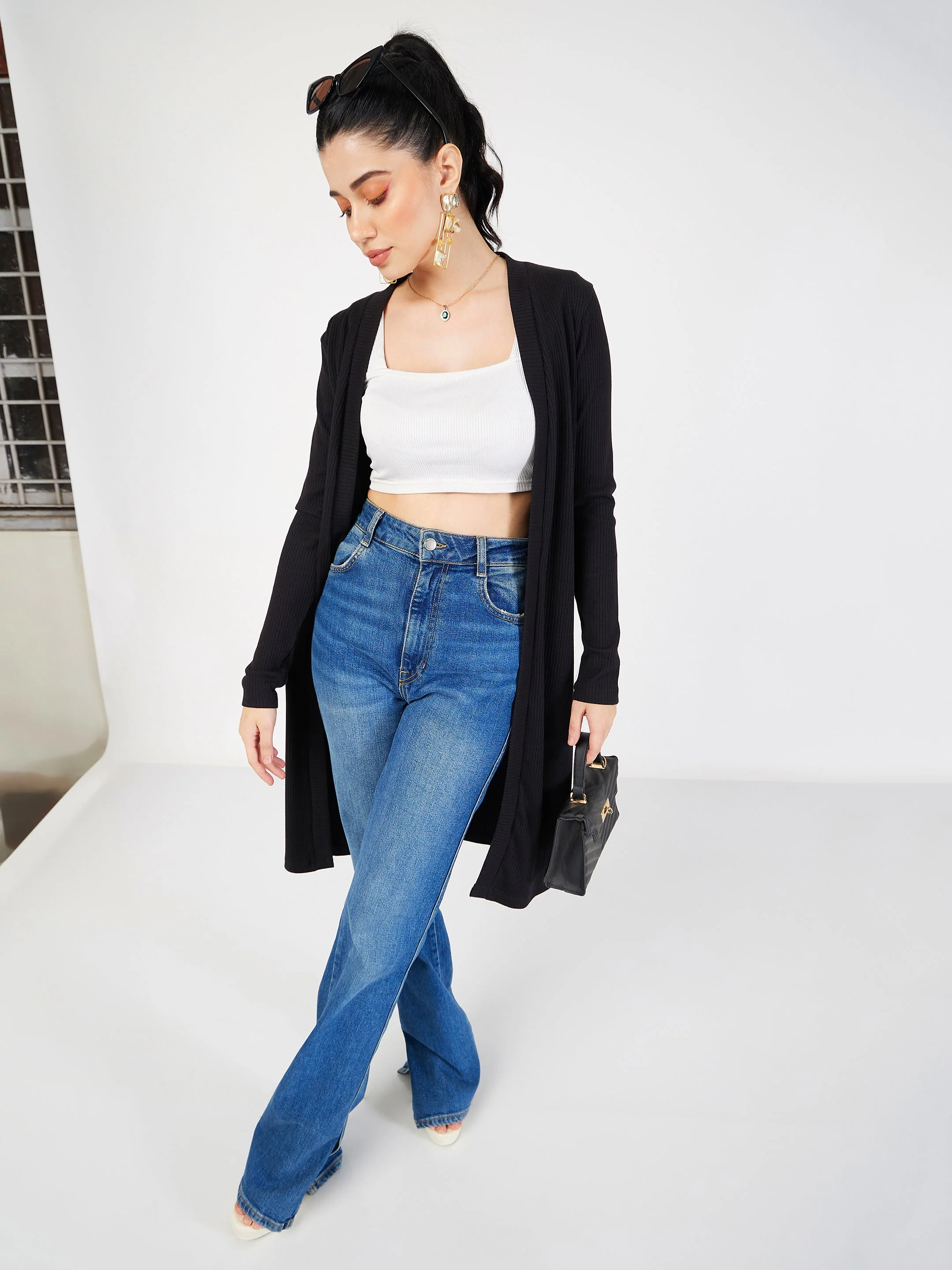 Women Black Rib Front Open Shrug - Image 2