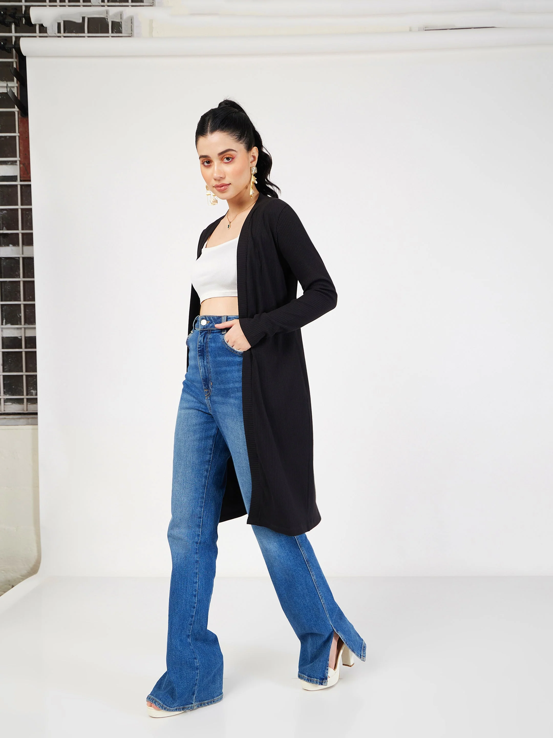 Women Black Rib Front Open Shrug - Image 3