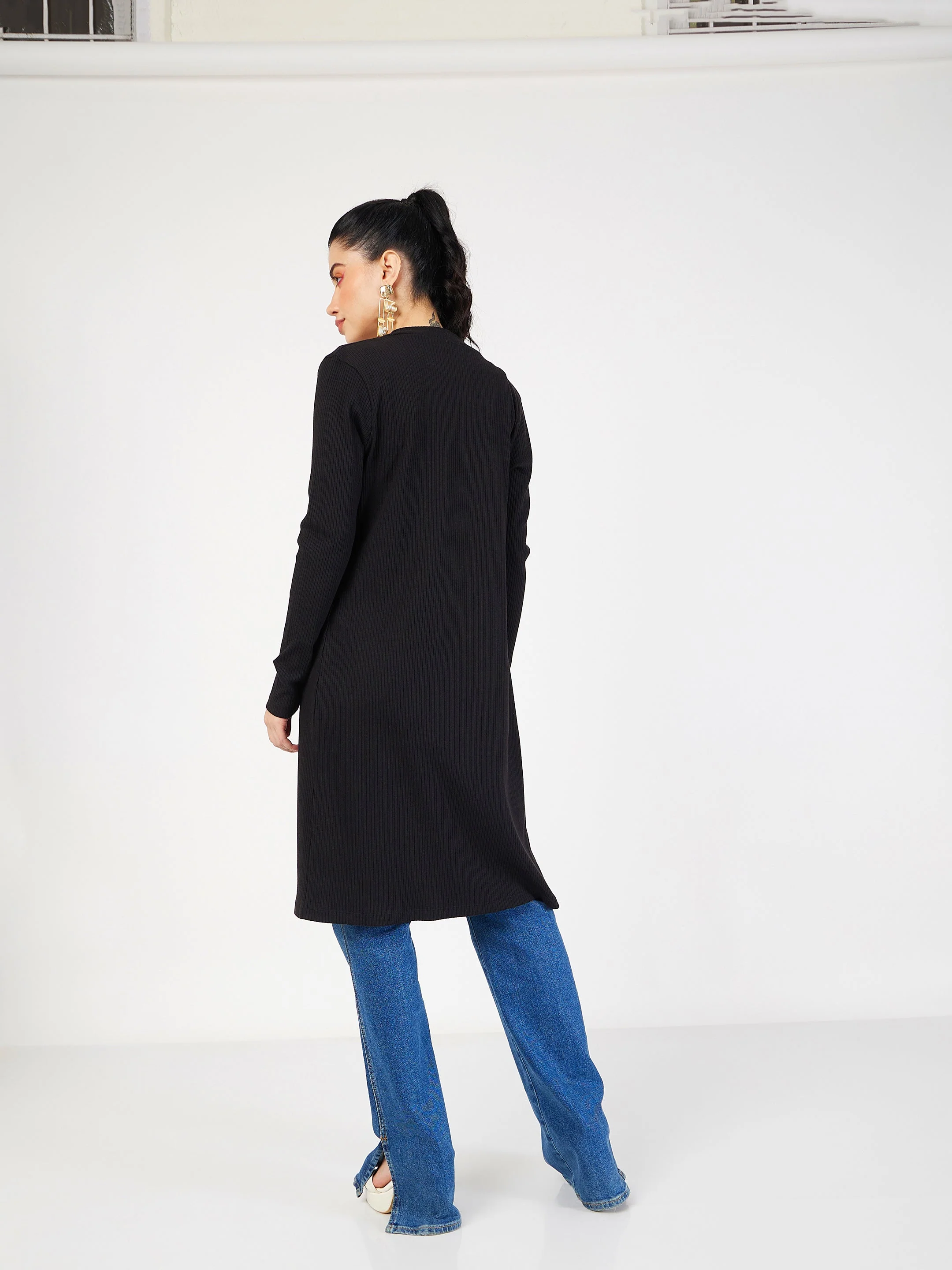 Women Black Rib Front Open Shrug - Image 5