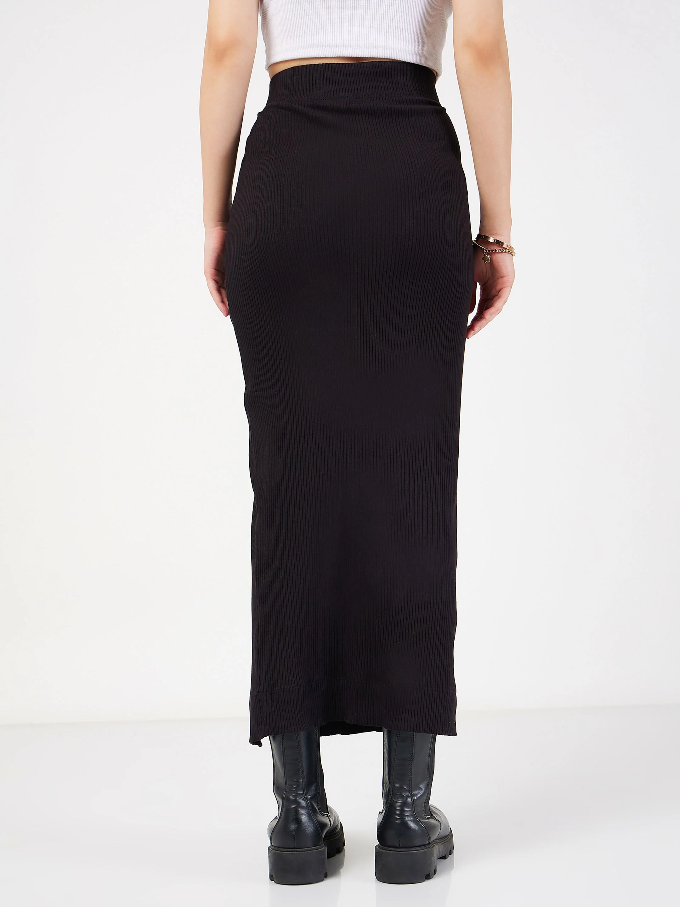 Women Black Rib Front Ruched Midi Skirt - Image 5