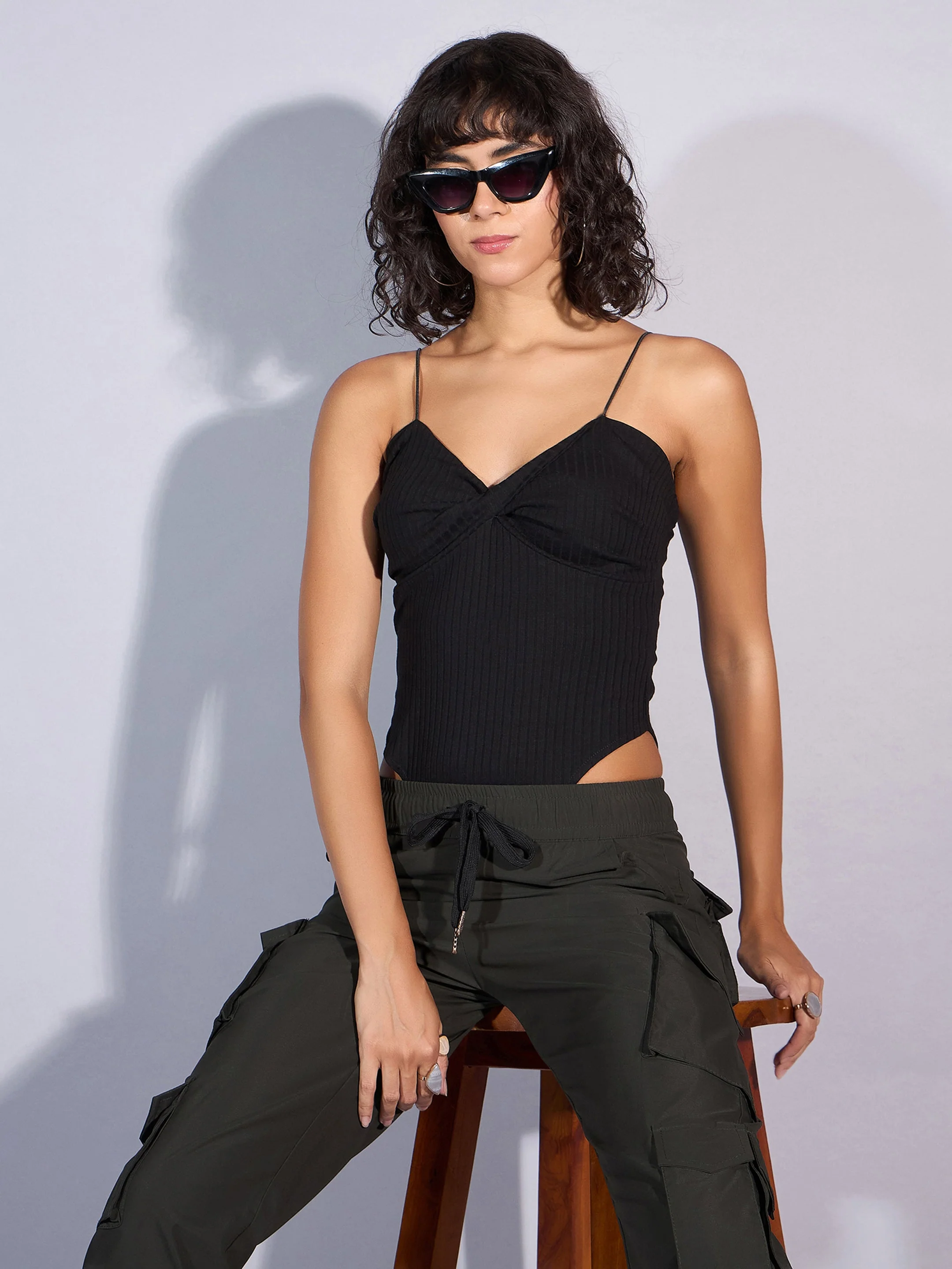 Women Black Rib Front Twist Bodysuit - Image 2