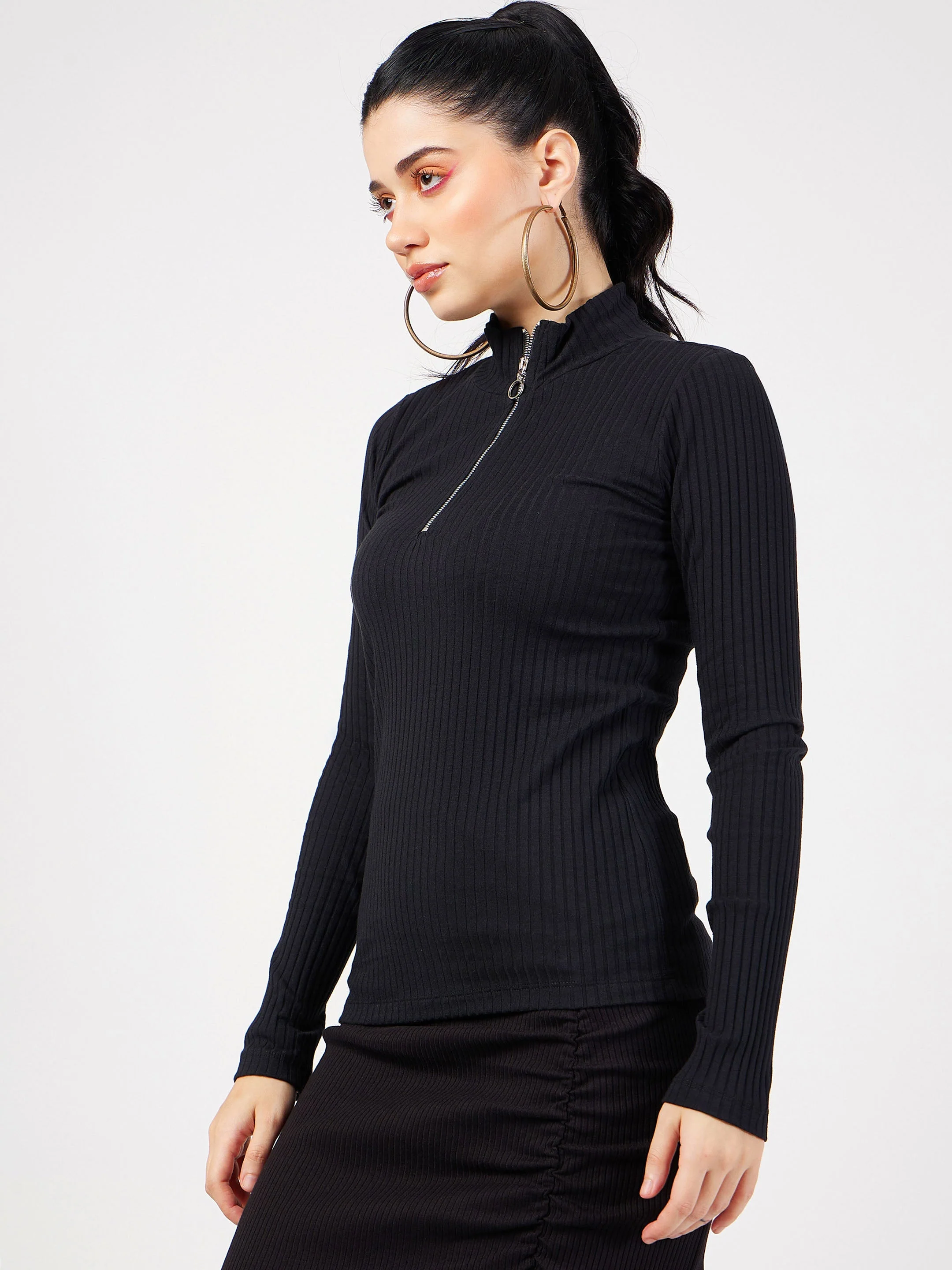 Women Black Rib Front Zipper Full Sleeves Top - Image 3