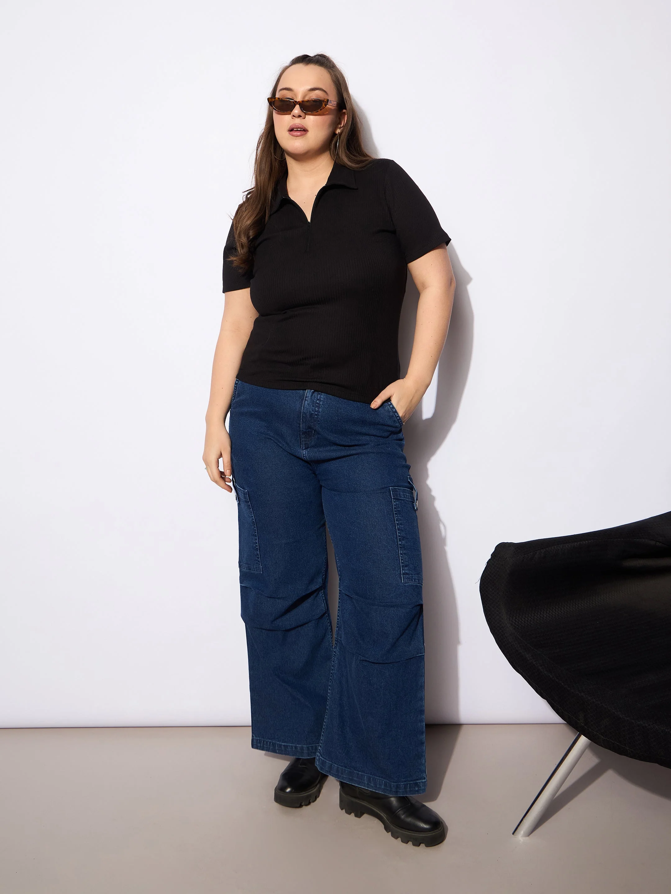 Women Black Rib Front Zipper Polo Neck Top - Image 2