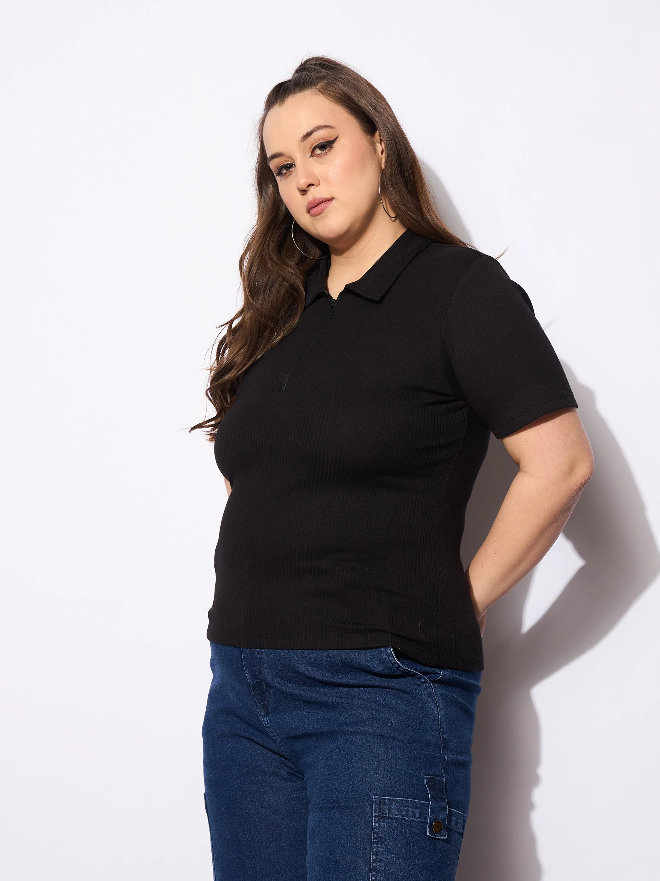 Women Black Rib Front Zipper Polo Neck Top - Image 3