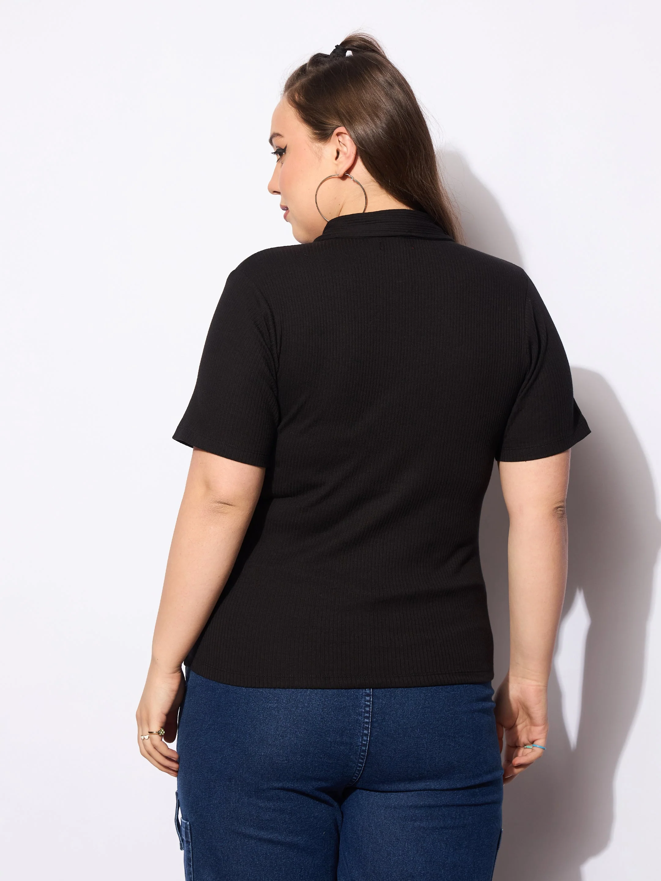 Women Black Rib Front Zipper Polo Neck Top - Image 5