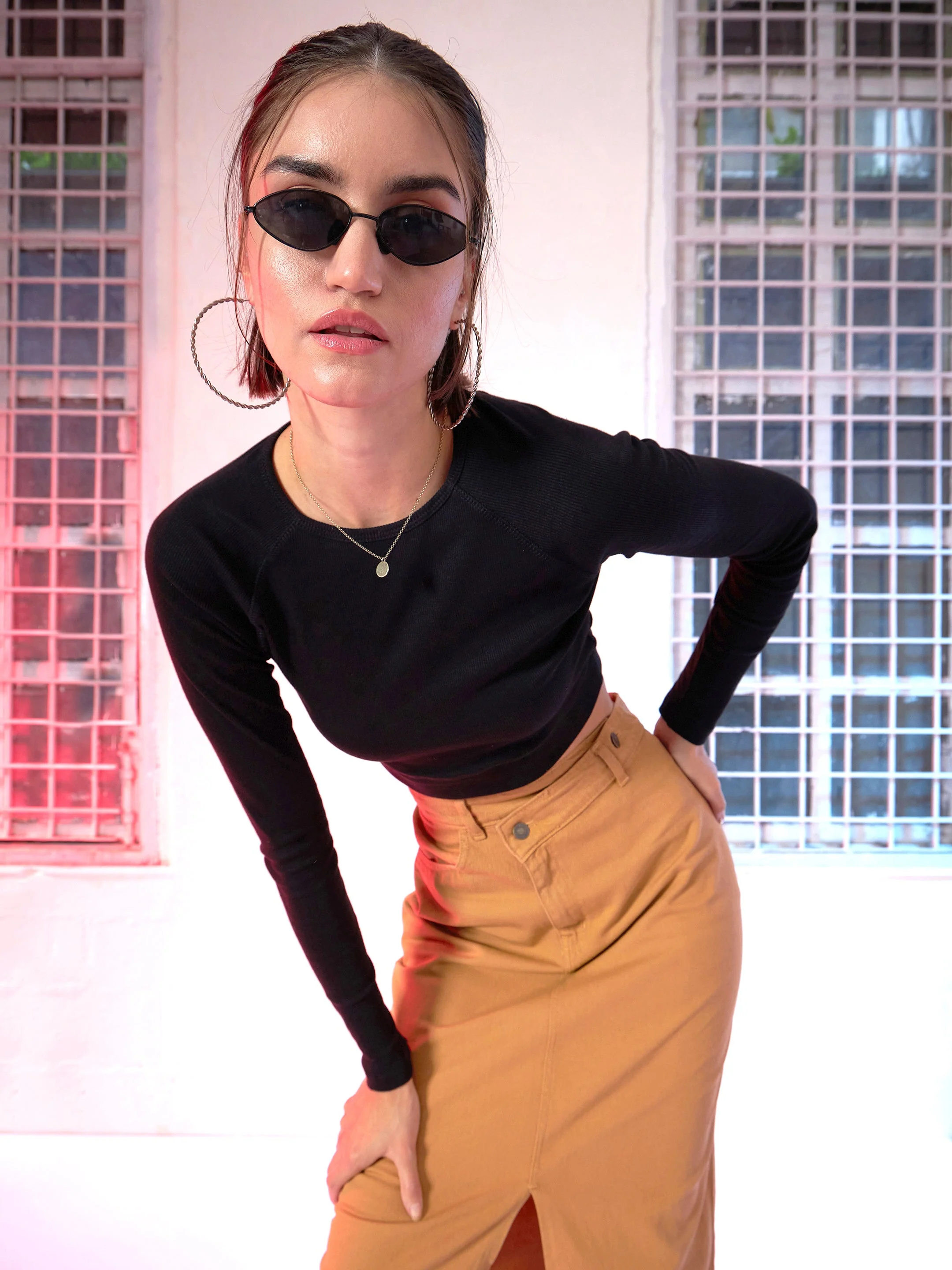 Women Black Rib Full Sleeve Crop Top