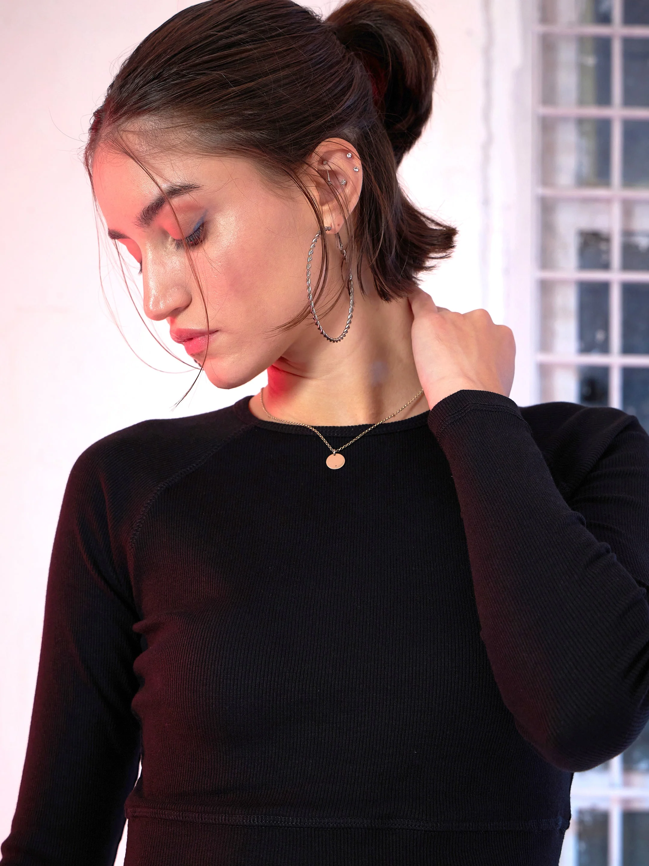 Women Black Rib Full Sleeve Crop Top - Image 5