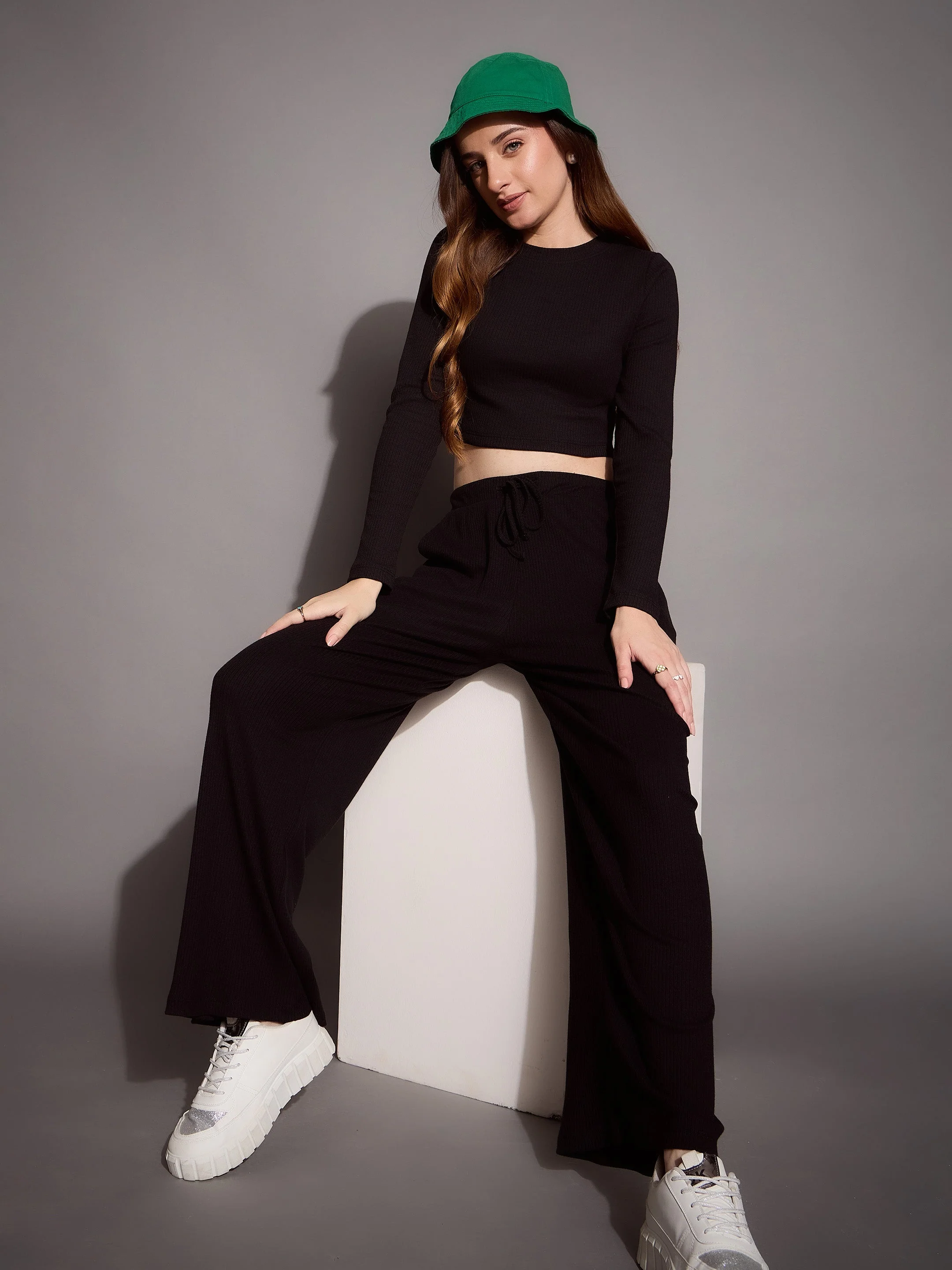 Women Black Rib Full Sleeve Crop Top - Image 2
