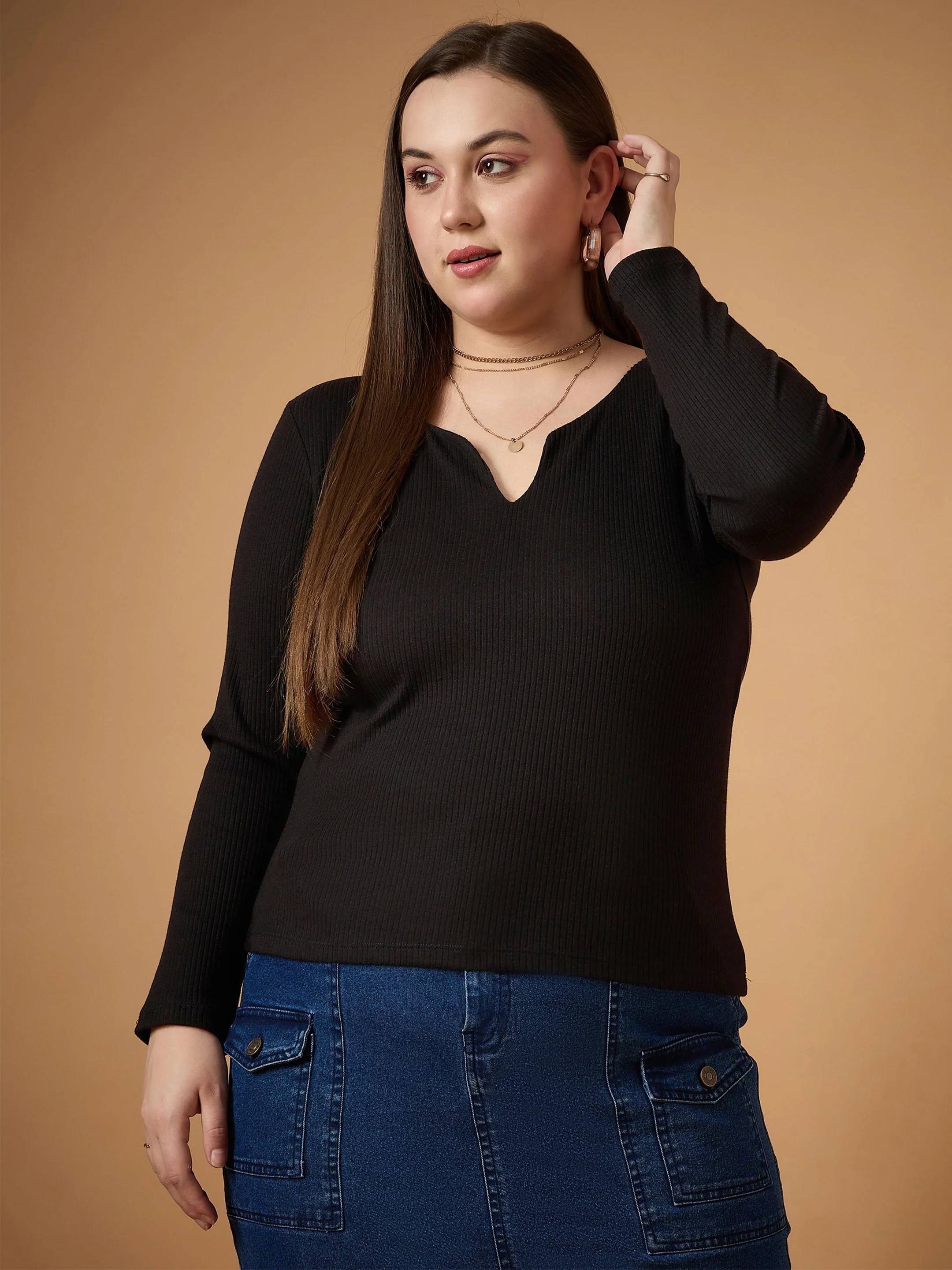 Women Black Rib Full Sleeves Top - Image 2