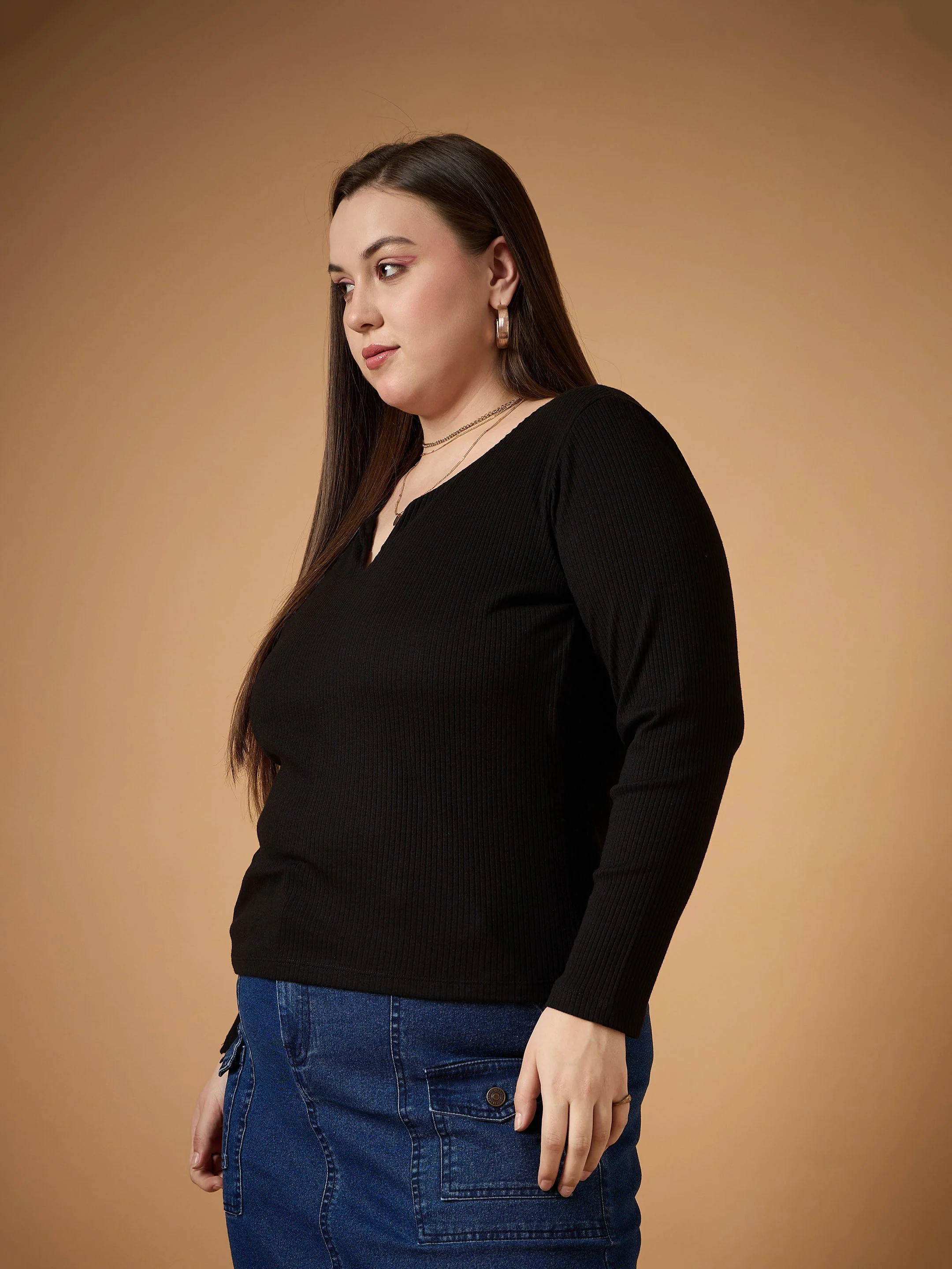 Women Black Rib Full Sleeves Top - Image 3