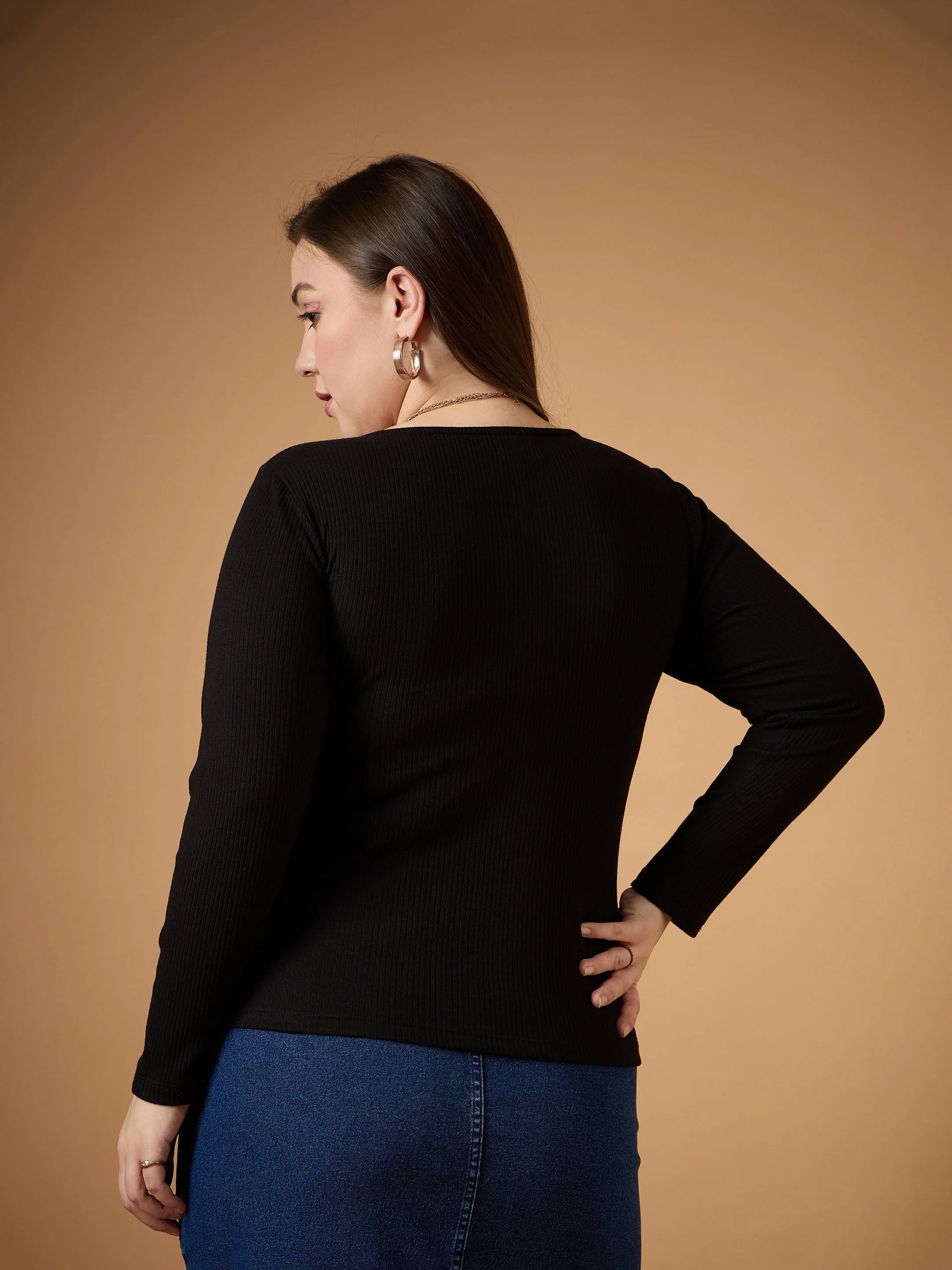 Women Black Rib Full Sleeves Top - Image 5